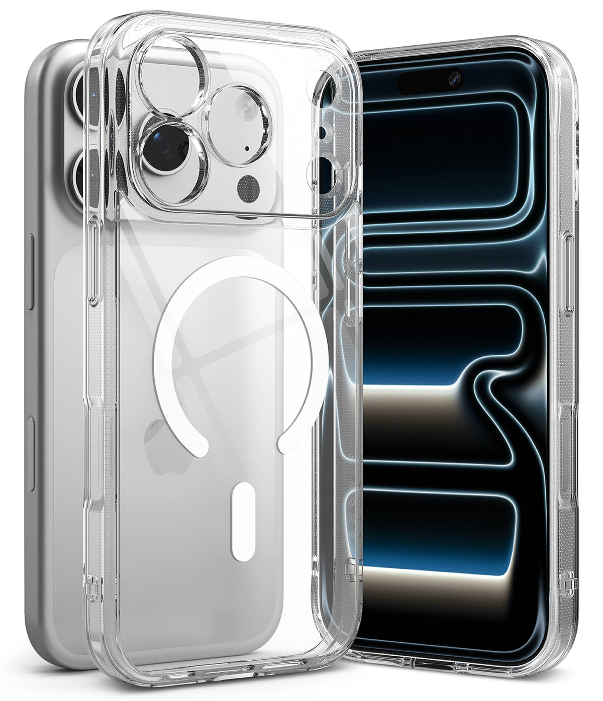 iPhone 18 Pro Max Case | Fusion Magnetic - A clear MagSafe-compatible phone case shown on two silver iPhones, with one phone displaying its screen and the other showing the back of the case with the circular MagSafe ring.