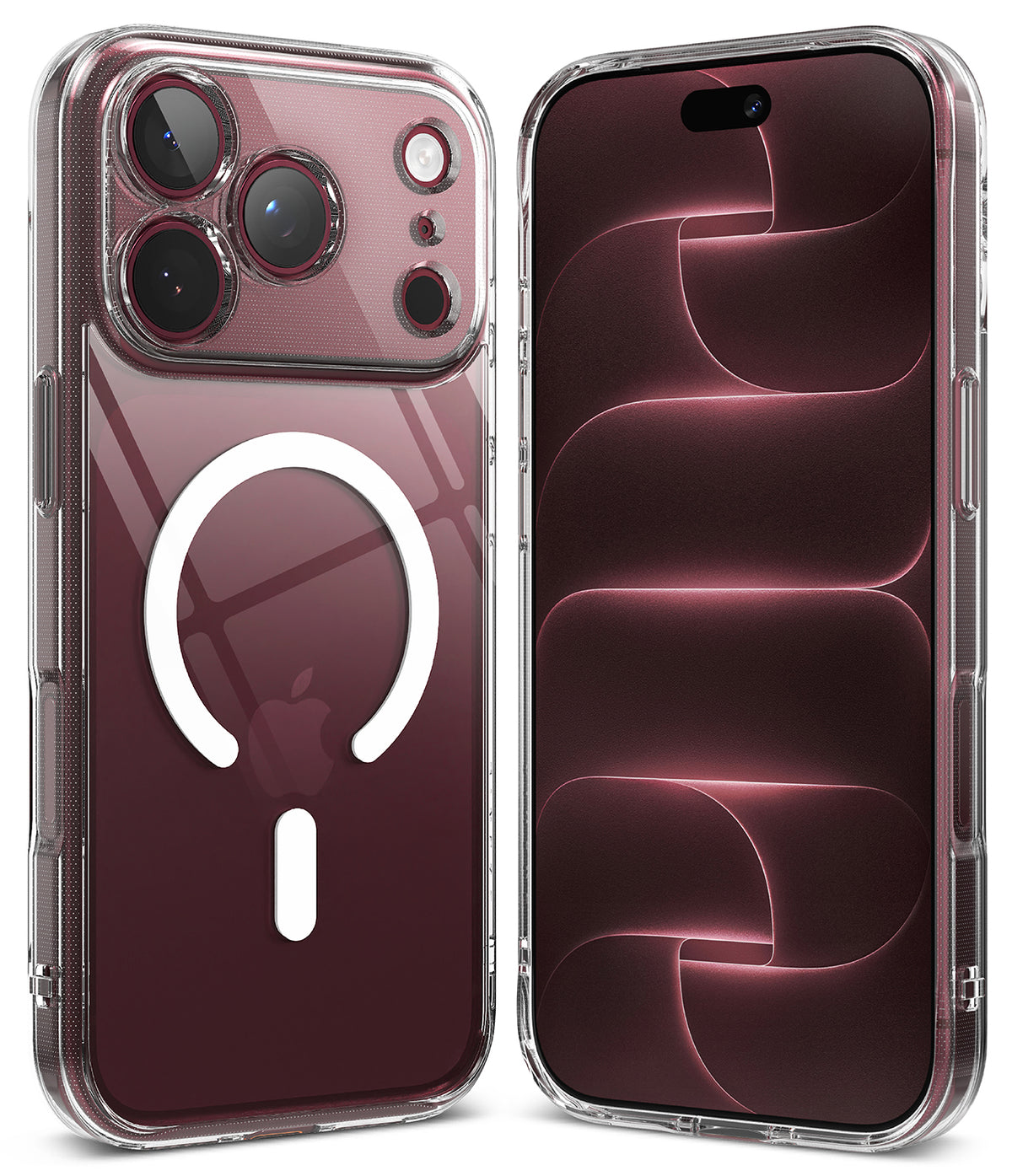 iPhone 18 Pro Max Case | Fusion Magnetic - A clear MagSafe-compatible phone case shown on two silver iPhones, with one phone displaying its screen and the other showing the back of the case with the circular MagSafe ring.