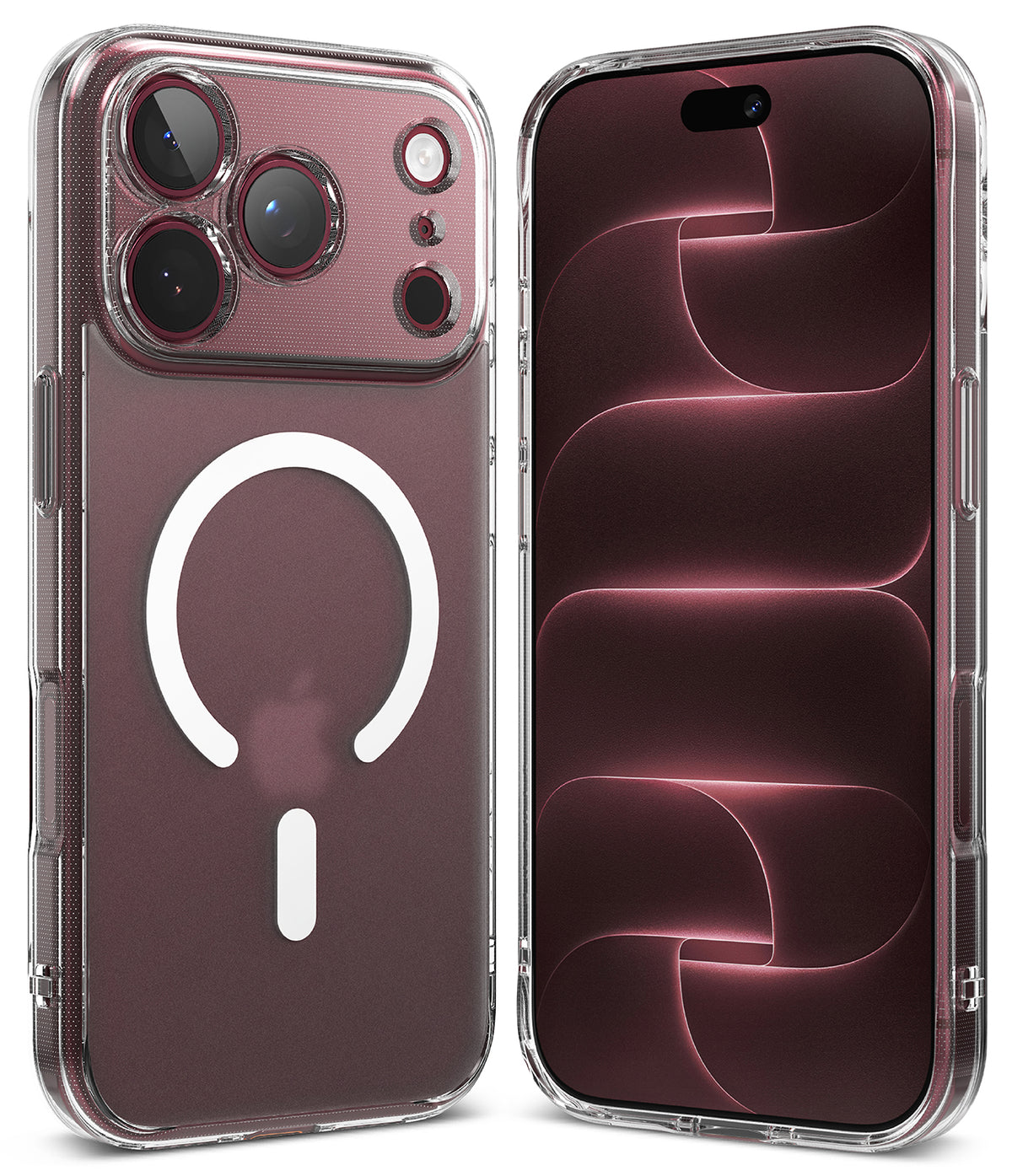 iPhone 18 Pro Max Case | Fusion Magnetic Matte - A clear MagSafe-compatible phone case shown on a smartphone, with the back view featuring a white circular MagSafe ring and the front view showing a black screen with blue and white display graphics.