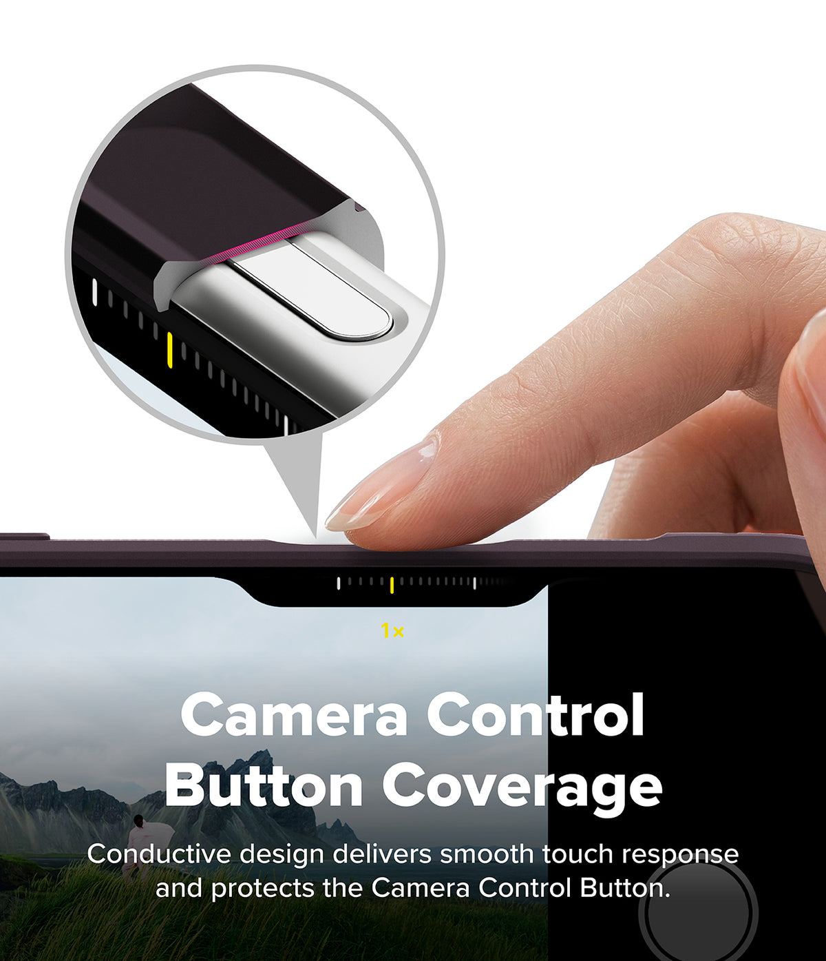 iPhone 18 Pro Max | Onyx - Close-up of a hand pressing the camera control button on the top edge of a smartphone, with a circular inset showing the button coverage detail and text reading 'Camera Control Button Coverage'.