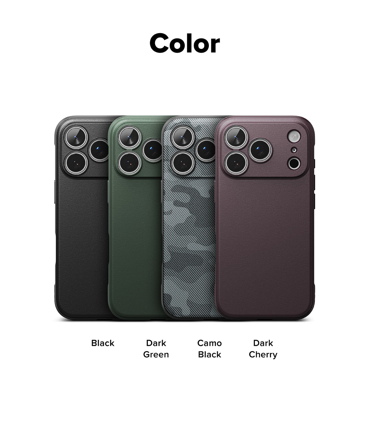 iPhone 18 Pro / Pro Max Case Onyx Magnetic all-groups - Three phone cases shown on a white background under the heading 'Color', labeled Black, Dark Green, and Camo Black. Each case has a circular MagSafe ring and a camera cutout area visible.