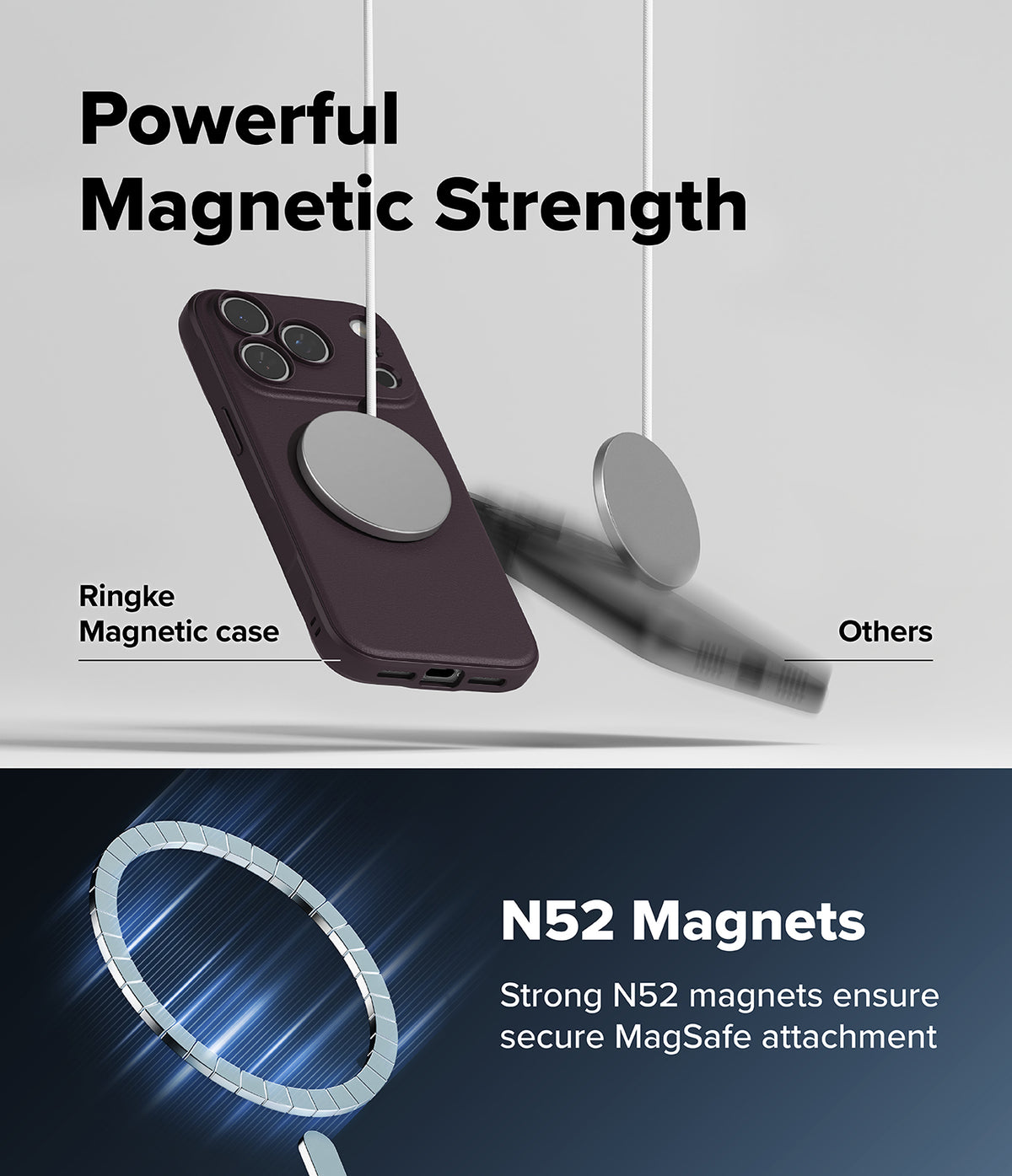 iPhone 18 Pro Max | Onyx Magnetic - Promotional graphic for a black magnetic phone case with a large circular MagSafe ring, shown floating above a dark blue lower section with text reading 'Powerful Magnetic Strength' and 'N52 Magnets'.