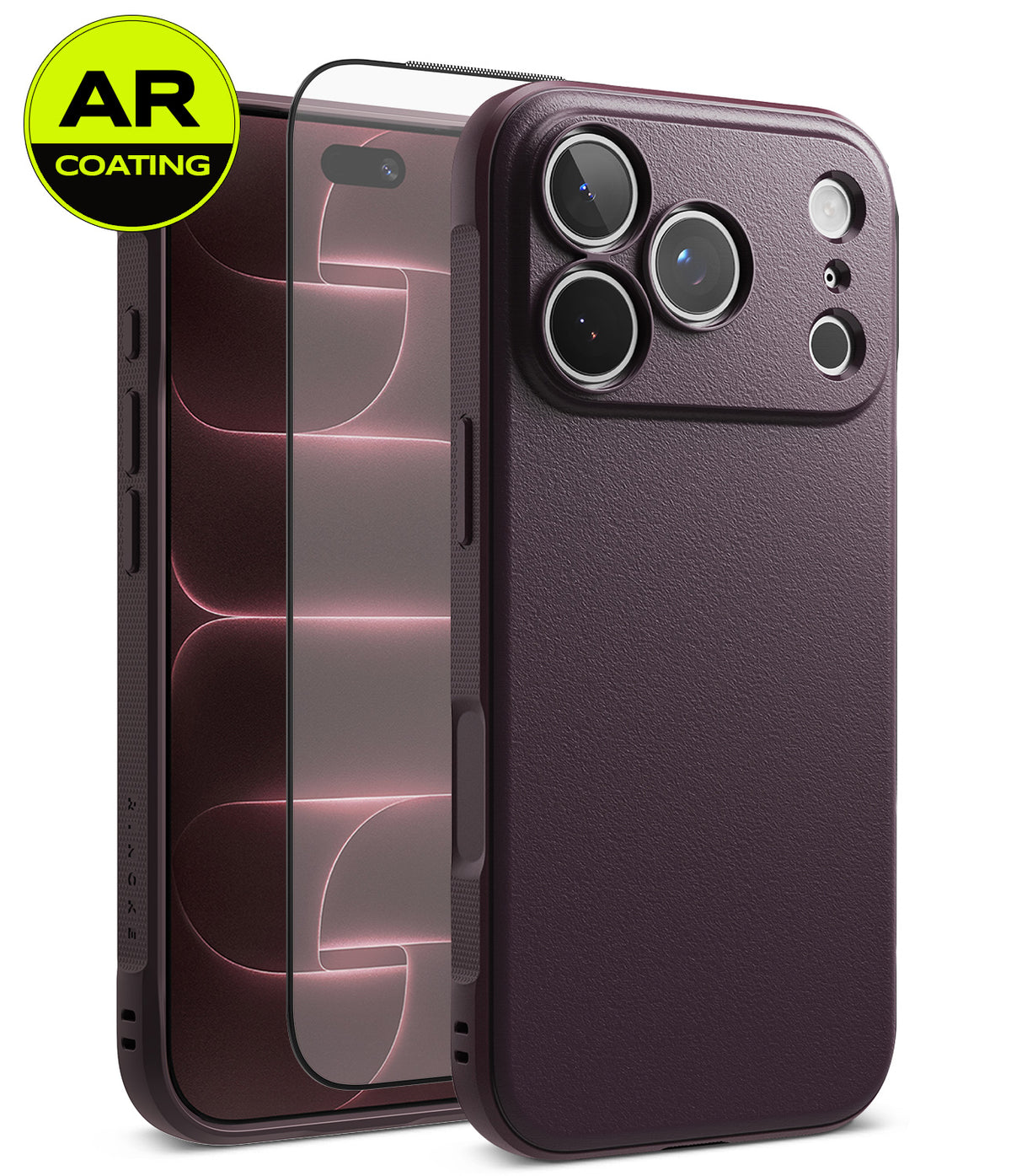 iPhone 18 Pro Max | Onyx + AR - A dark purple textured phone case shown from the back and side, with a transparent AR-coated screen protector leaning against it. A yellow circular badge in the top-left corner reads 'AR COATING'.