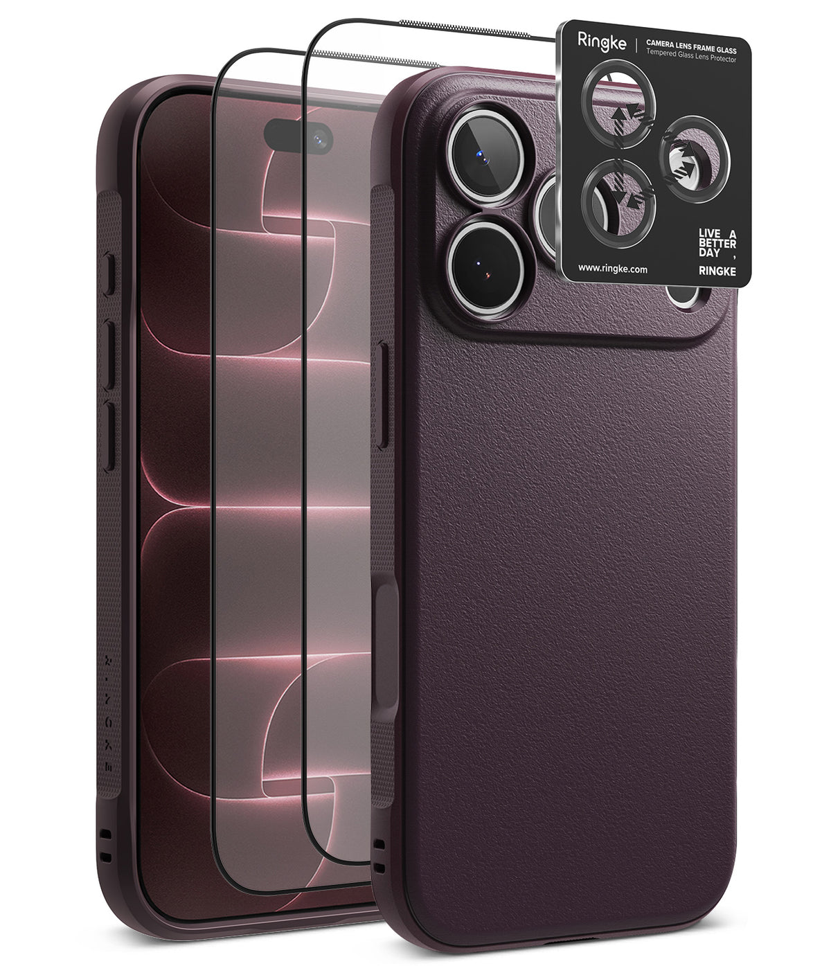 iPhone 18 Pro | Onyx + Screen (2P) - Ringke camera lens protector set shown on a smartphone case, with a clear protective film overlay and a black branded card displaying camera lens protection details.