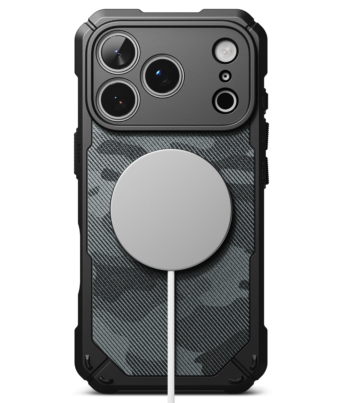 iPhone 18 Pro Max Case | Rugged Gear Magnetic - A rugged black phone case with a dark gray and black camouflage pattern back panel, featuring a large circular MagSafe-compatible magnetic ring on the back and a white charging cable extending from it, shown on a white background.