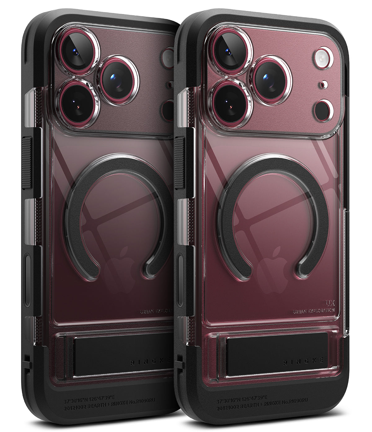 iPhone 18 Pro Max Case | UX Magnetic - Two views of a clear and black Airza protective phone case with a built-in kickstand, shown on a white background.
