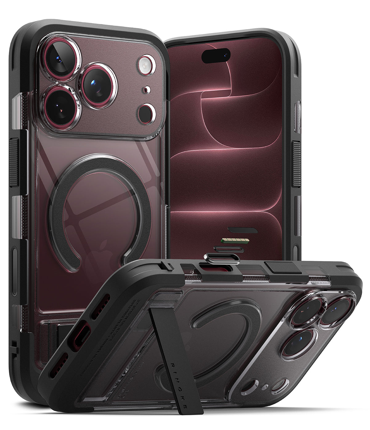 iPhone 18 Pro Max Case | UX Magnetic - A dark gray and black rugged protective phone case with a built-in kickstand and MagSafe ring, shown from multiple angles on a white background.