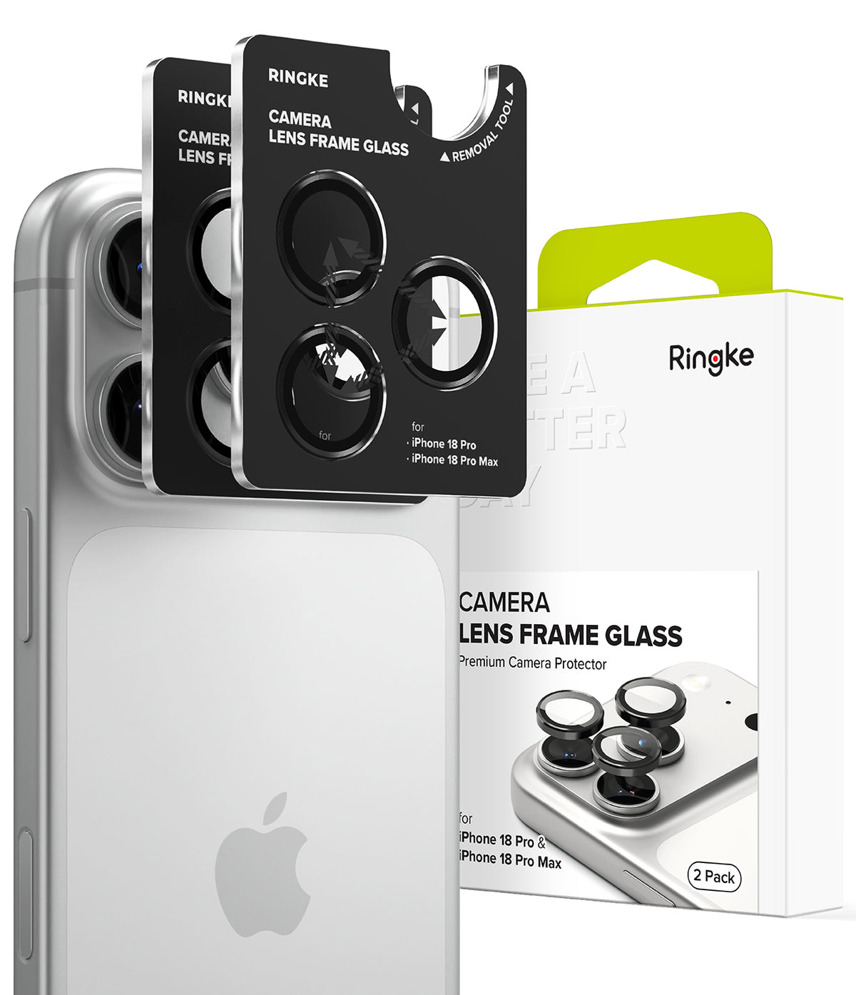 iPhone 18 Pro / 18 Pro Max Camera Protector | Camera Lens Frame Glass (2 Pack) - Ringke camera lens frame glass protector set shown on a silver smartphone, with two black lens protectors attached and the retail box beside them on a white background.