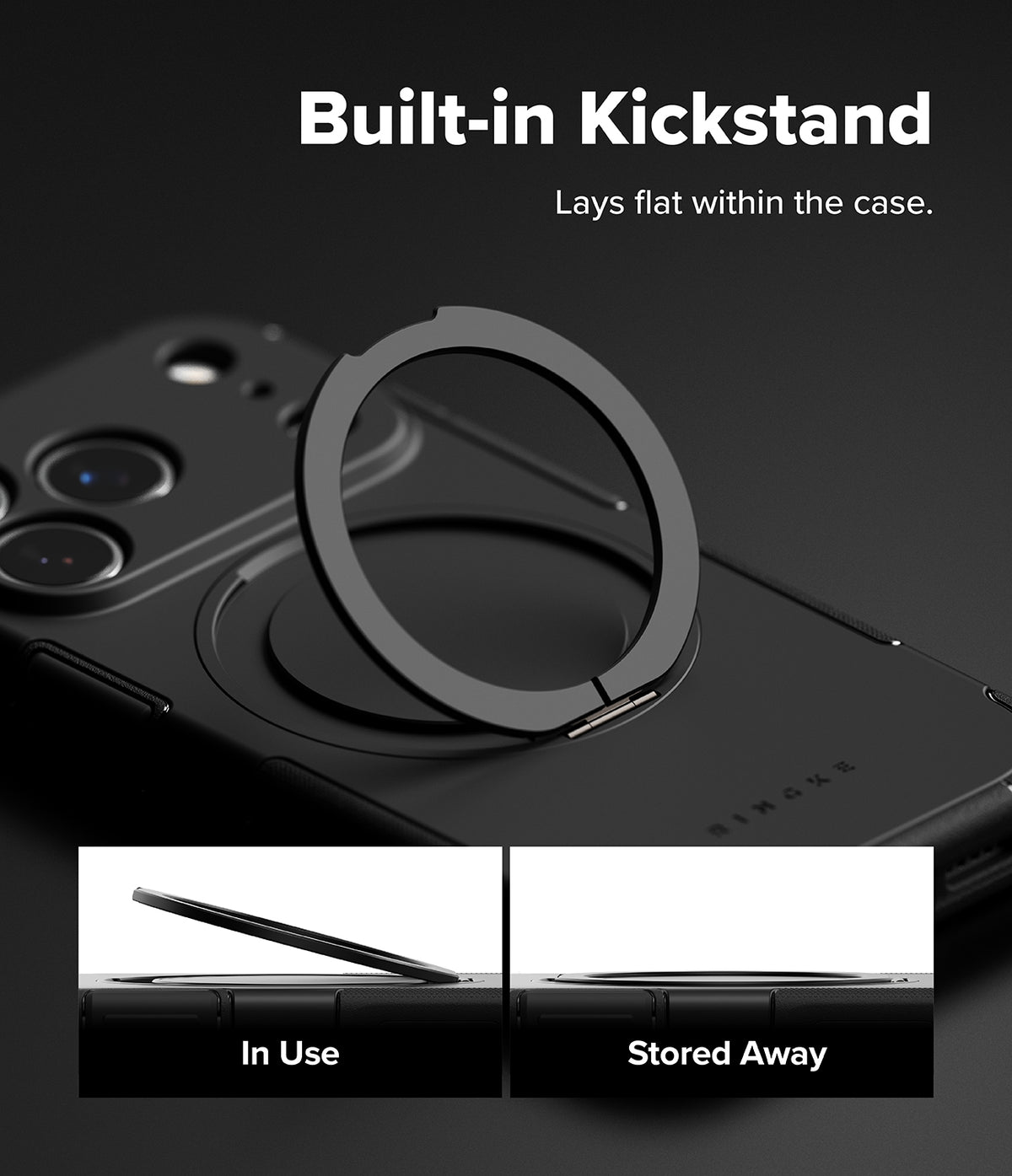 iPhone 18 Pro Case | Alles - Black phone case with a built-in circular kickstand ring, shown on a dark background with text reading 'Built-in Kickstand' and two small inset photos demonstrating 'In Use' and 'Stored Away'.