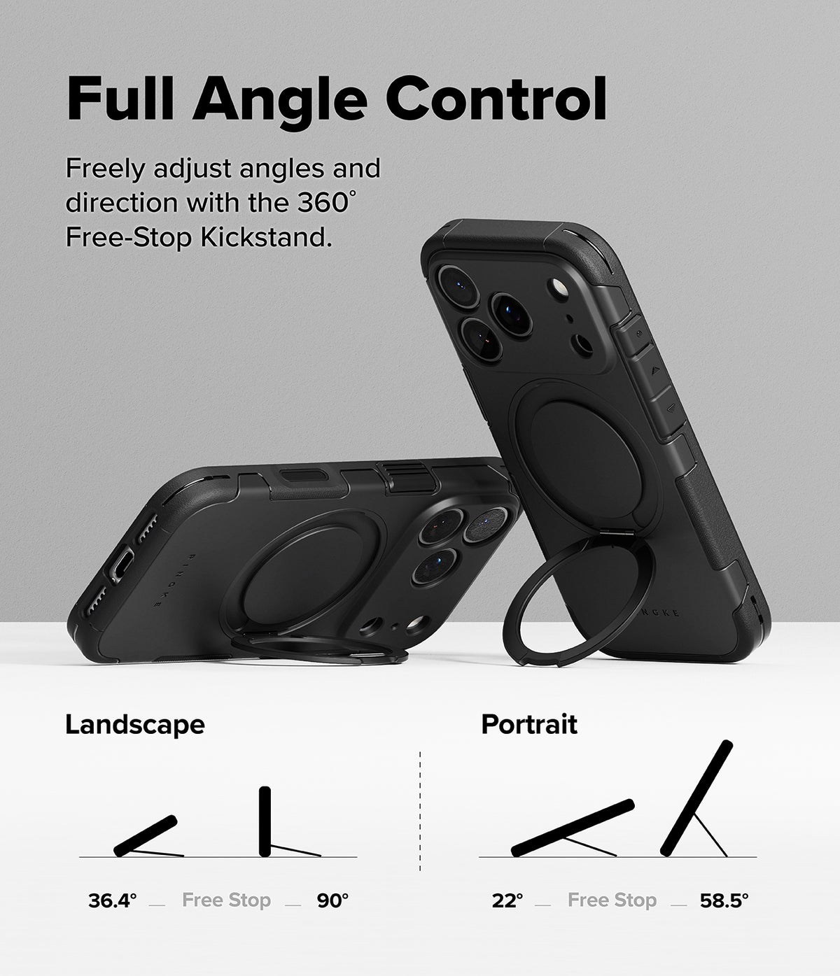 iPhone 18 Pro Case | Alles - Black phone case with a built-in kickstand, shown from multiple angles on a light gray background with text reading 'Full Angle Control' and landscape/portrait angle diagrams below.