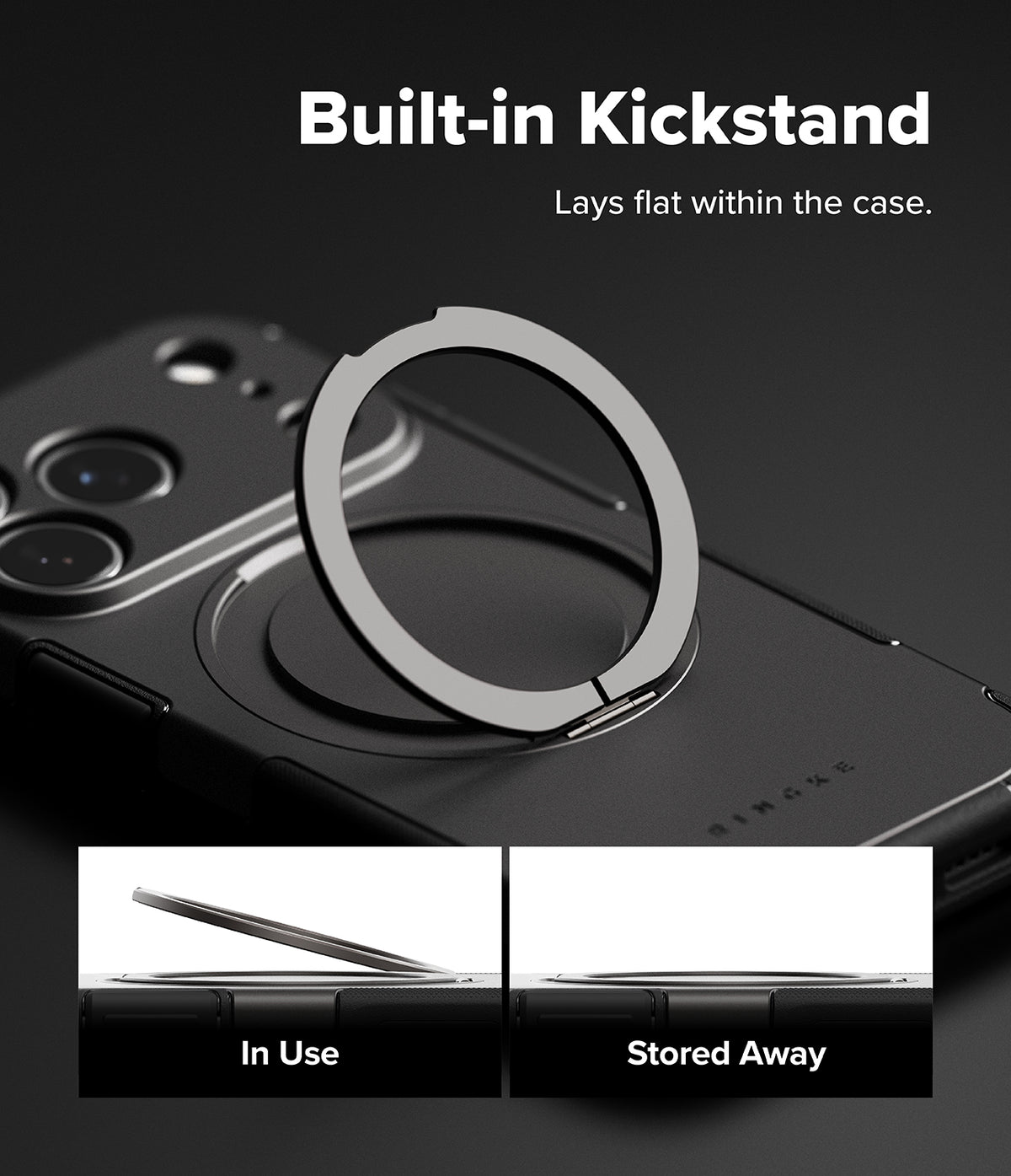 iPhone 18 Pro Case | Alles - A black phone case with a built-in circular kickstand ring, shown on a dark background with text reading 'Built-in Kickstand' and two small inset images demonstrating 'In Use' and 'Stored Away' positions.