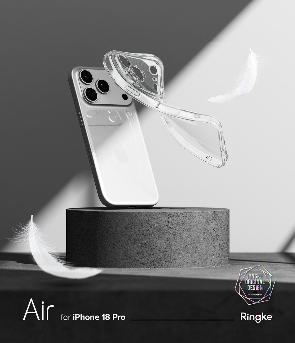 iPhone 18 Pro Case | Air - Clear protective phone case for iPhone 18 Pro displayed on a dark pedestal, with a white iPhone shown behind it. The image has a minimalist studio setup with feathers and text reading 'Air for iPhone 18 Pro' and 'Ringke'.