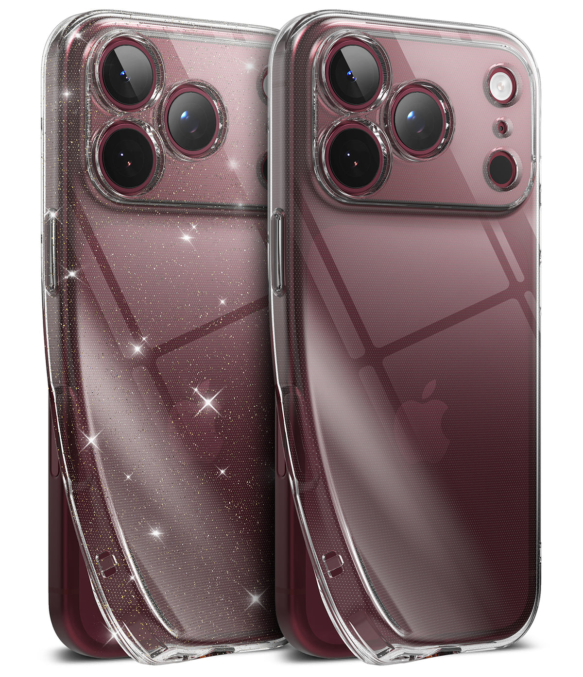 iPhone 18 Pro Case | Air - Two clear phone cases shown from the back, one with subtle glitter and one with a textured pattern, fitted on silver iPhones against a white background.