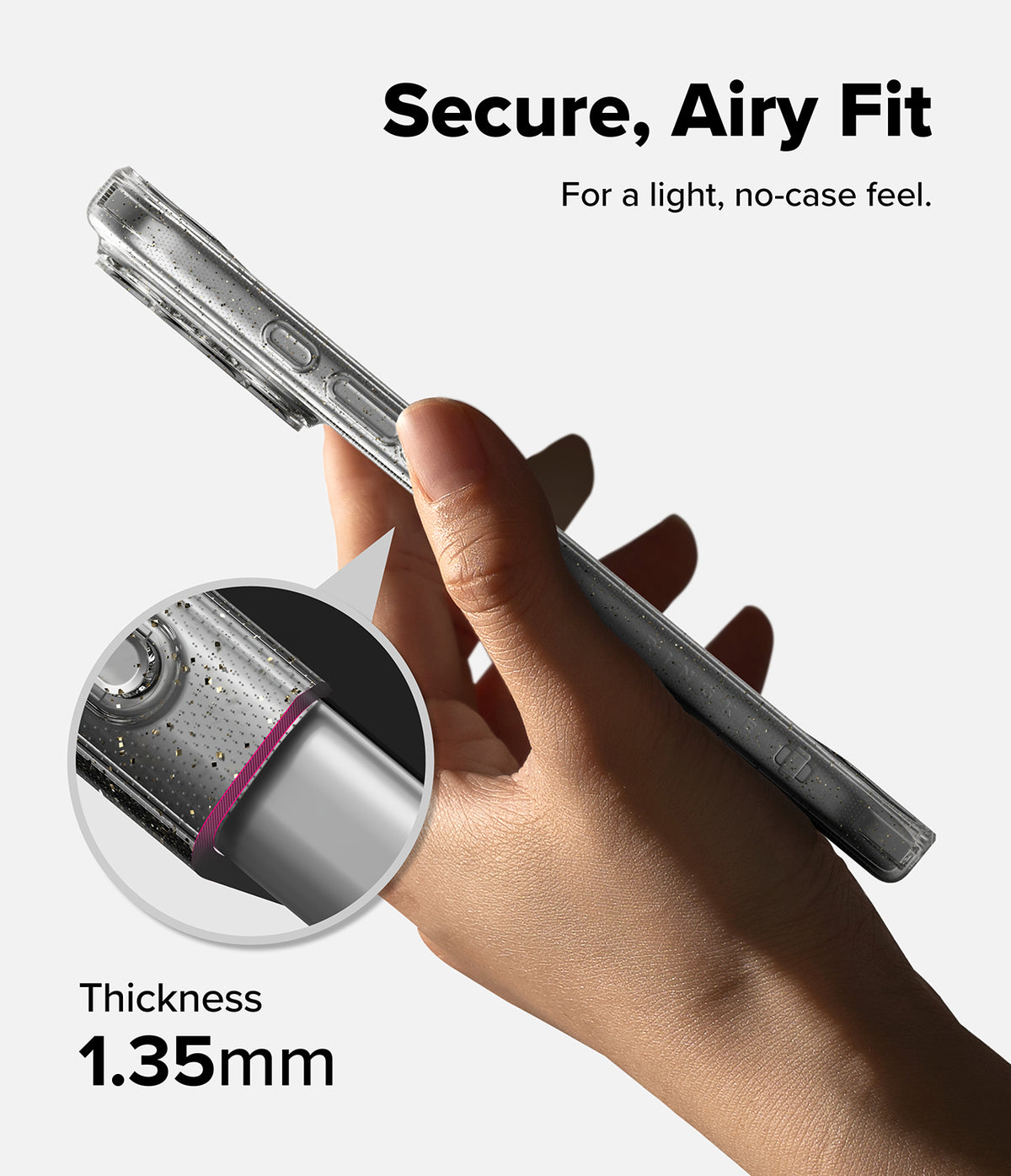 iPhone 18 Pro Case | Air - A hand holds a slim transparent phone case against a light gray background, with text reading 'Secure, Airy Fit' and a circular inset showing the case edge thickness at 1.35mm.