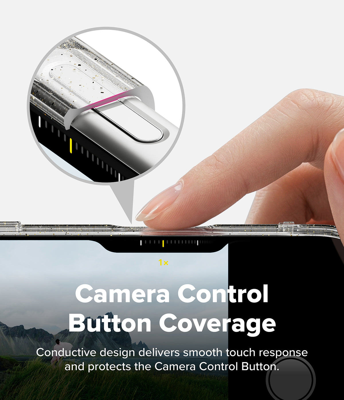 iPhone 18 Pro Case | Air - A close-up of a hand pressing the camera control button of a smartphone, with a circular inset showing a transparent protective cover over the button. Text on the image reads 'Camera Control Button Coverage' and describes a conductive design that delivers smooth touch response and protection.