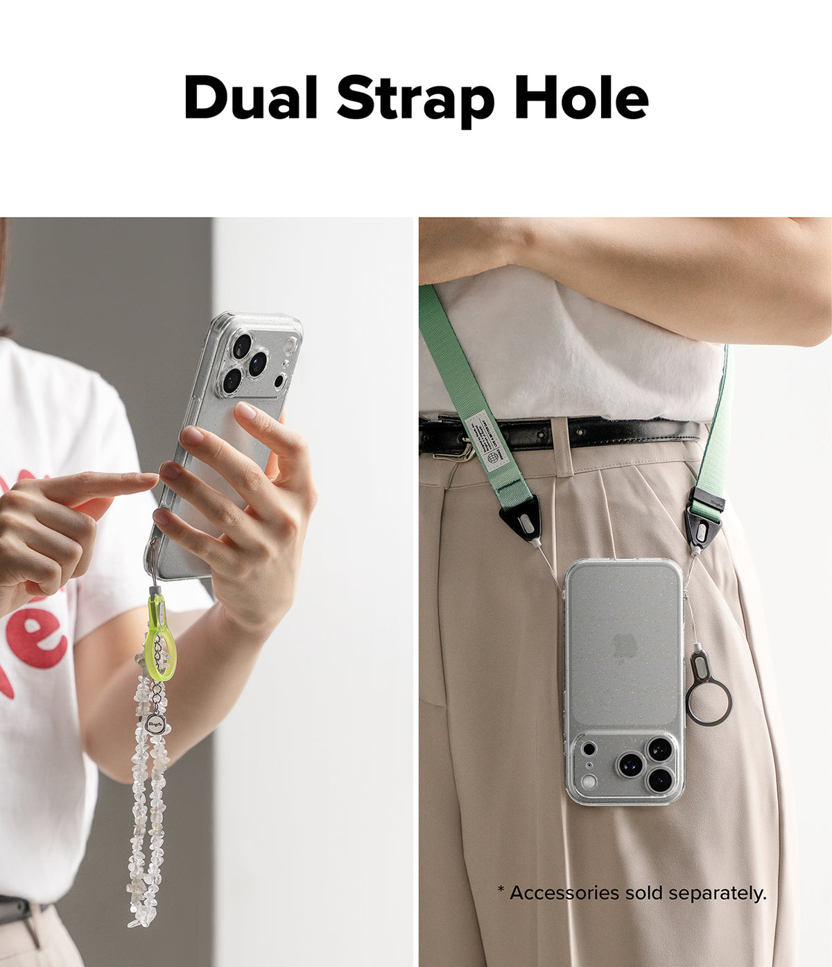 iPhone 18 Pro Case | Air - A promotional product image showing a clear phone case with a green adjustable shoulder strap and a dangling charm, demonstrated on a model. The left panel shows a close-up of hands holding the phone with the dangling charm, and the right panel shows the phone hanging from the waist strap.