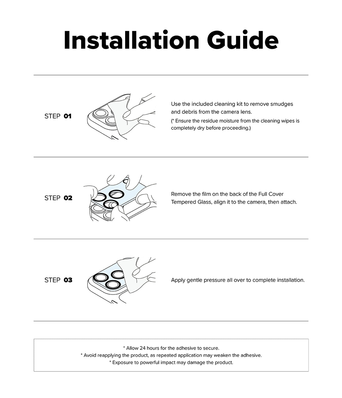 iPhone 18 Pro Camera Protector | Camera Full Cover Tempered Glass (2 Pack) - An installation guide sheet with three illustrated steps showing how to apply adhesive and attach a camera lens protector cover, with text instructions on a white background.
