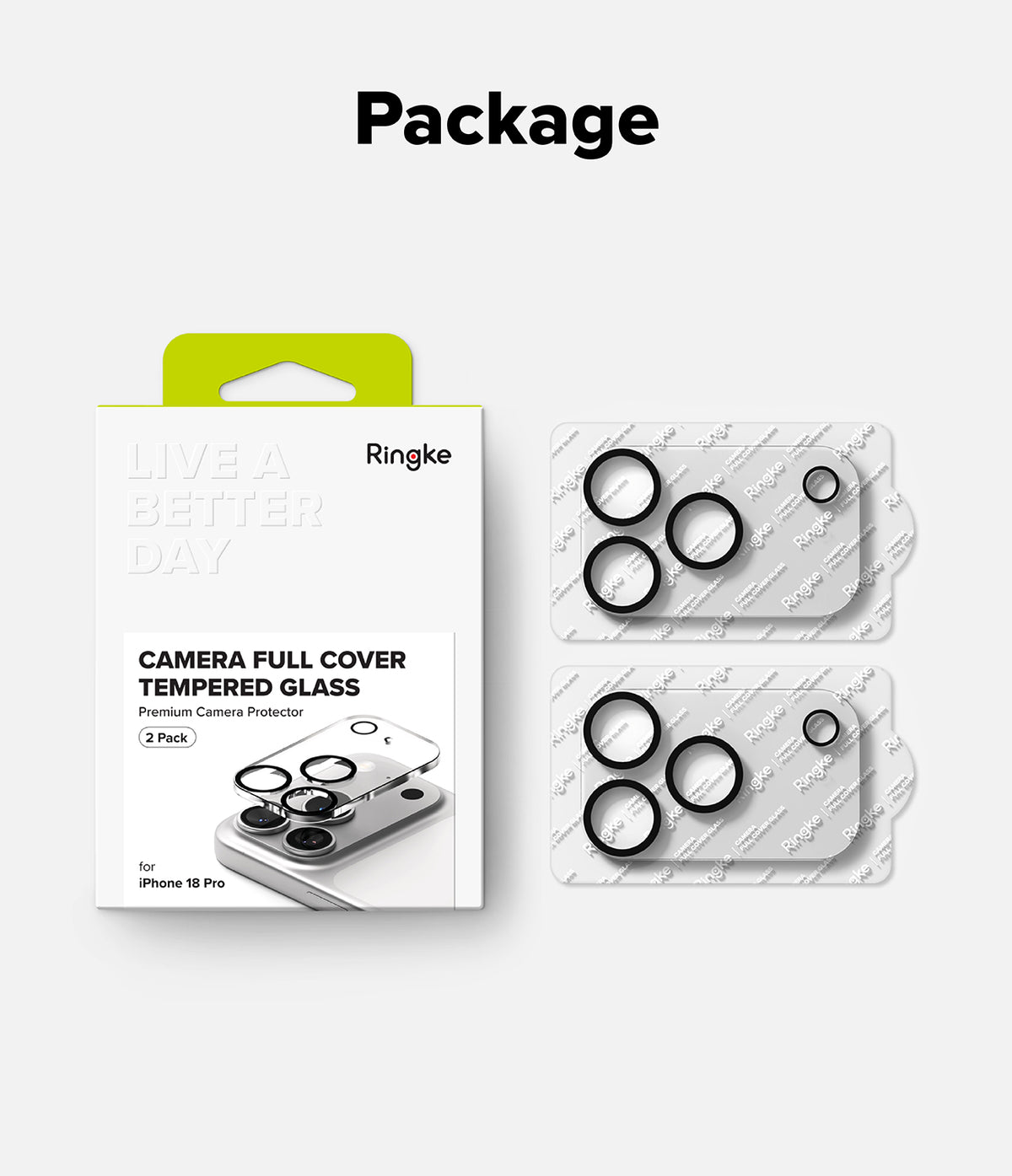 iPhone 18 Pro Camera Protector | Camera Full Cover Tempered Glass (2 Pack) - Ringke camera full cover tempered glass protector set for iPhone 15 Pro, shown with its white retail box featuring a lime green tab and two blister packs of circular black glass protectors on a light gray background.