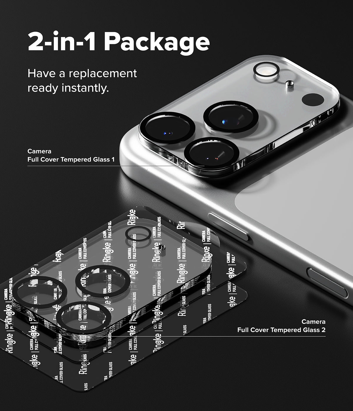 iPhone 18 Pro Camera Protector | Camera Full Cover Tempered Glass (2 Pack) - A promotional graphic for a 2-in-1 phone camera replacement package, showing a silver smartphone with a fitted camera lens protector and a stack of clear tempered glass lens protectors labeled 'Camera Full Cover Tempered Glass 1' and 'Camera Full Cover Tempered Glass 2' on a dark background.