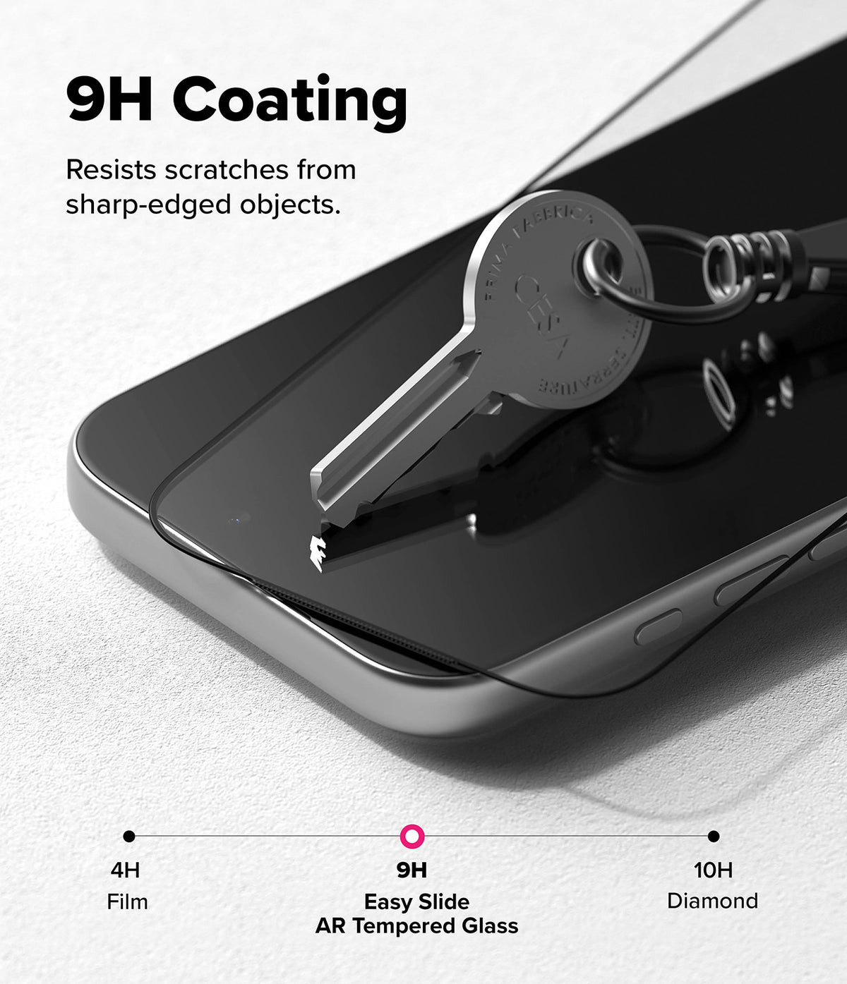 iPhone 18 Pro Screen Protector | Easy Slide AR Tempered Glass - Smartphone with tempered glass screen protector resisting a key, with scratch resistance rating displayed.