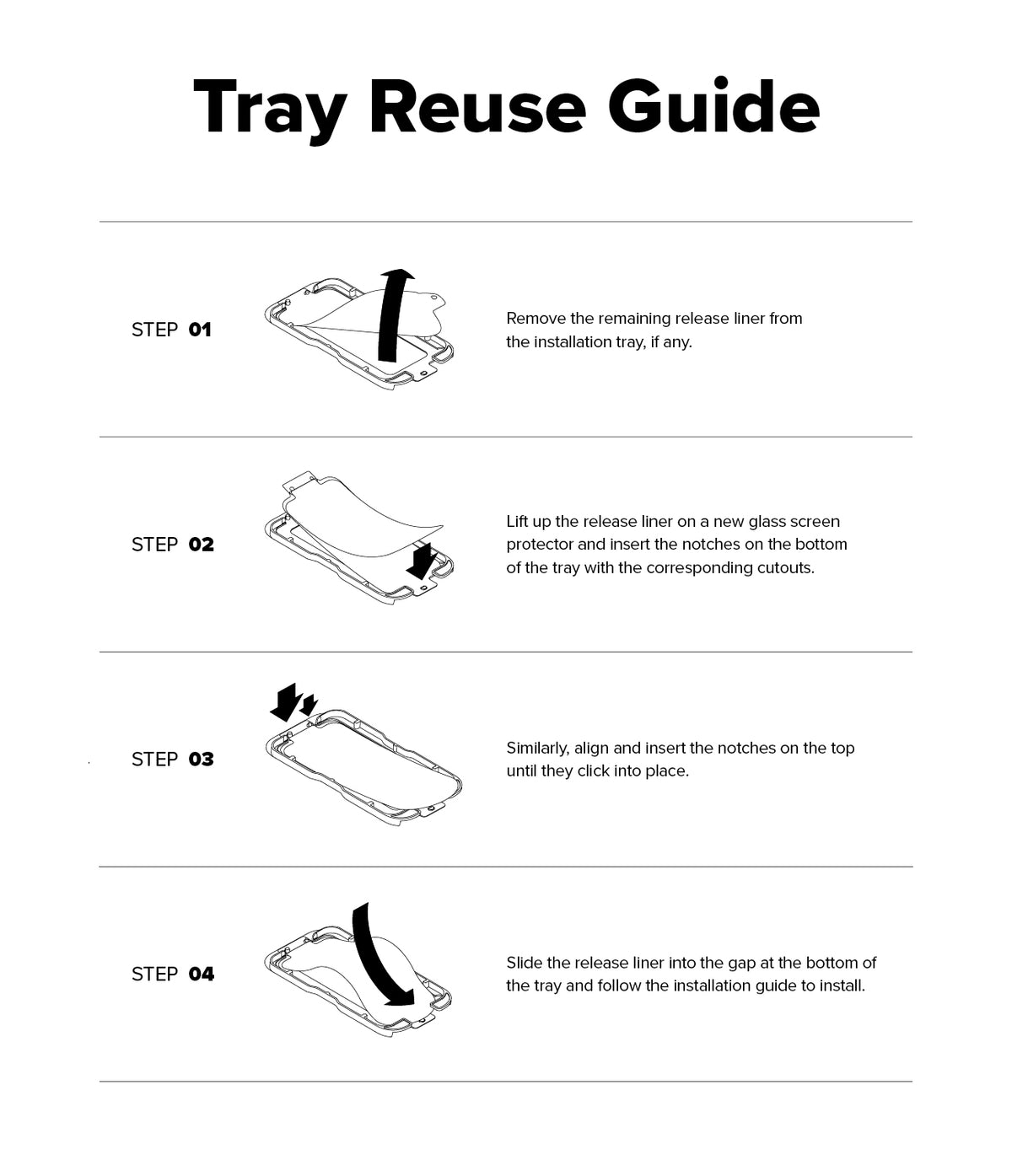 iPhone 18 Pro Screen Protector | Easy Slide Privacy Tempered Glass - Tray Reuse Guide with step-by-step instructions on a white background
