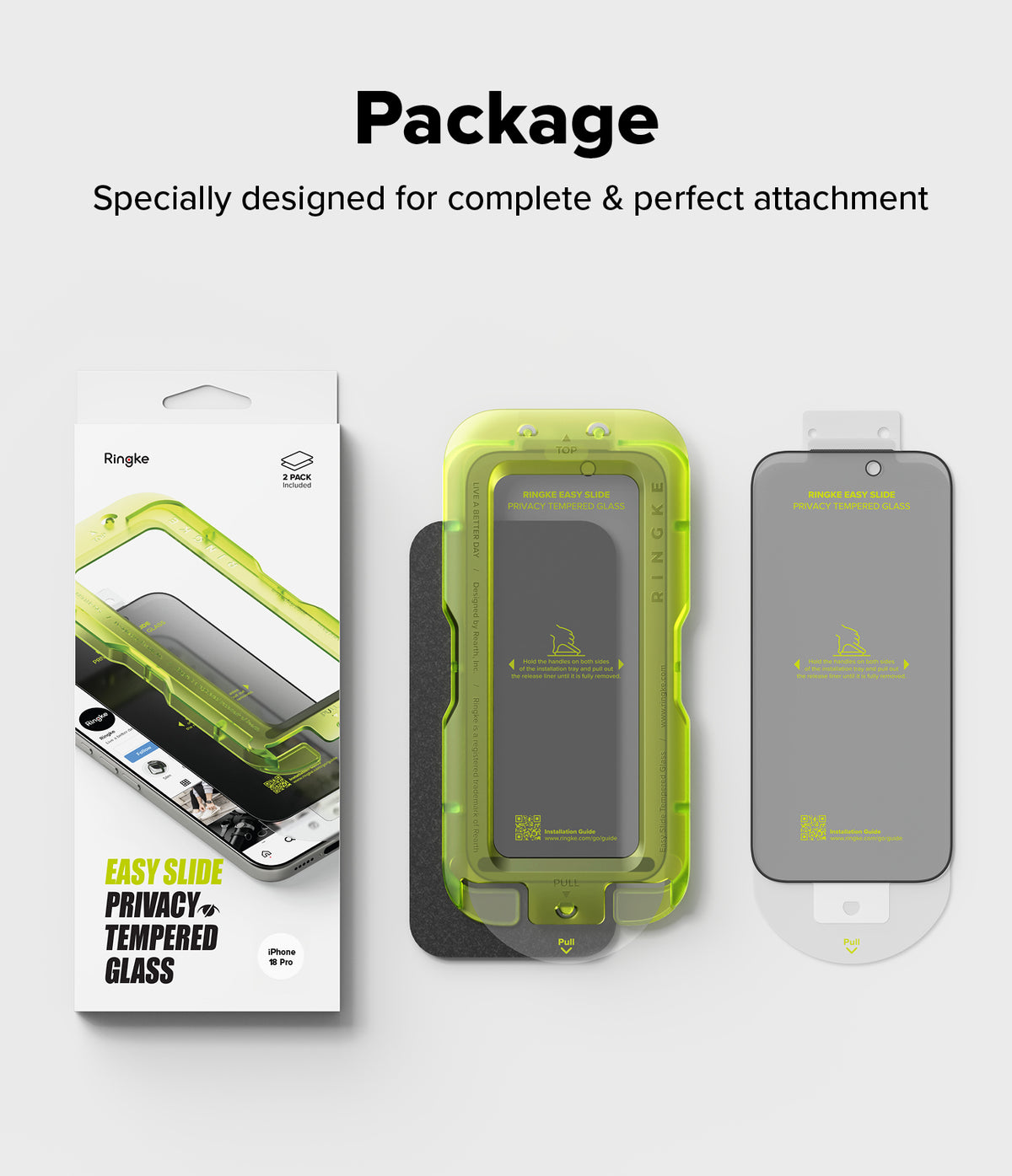 iPhone 18 Pro Screen Protector | Easy Slide Privacy Tempered Glass - Phone screen protector packaging with product and box on a white background