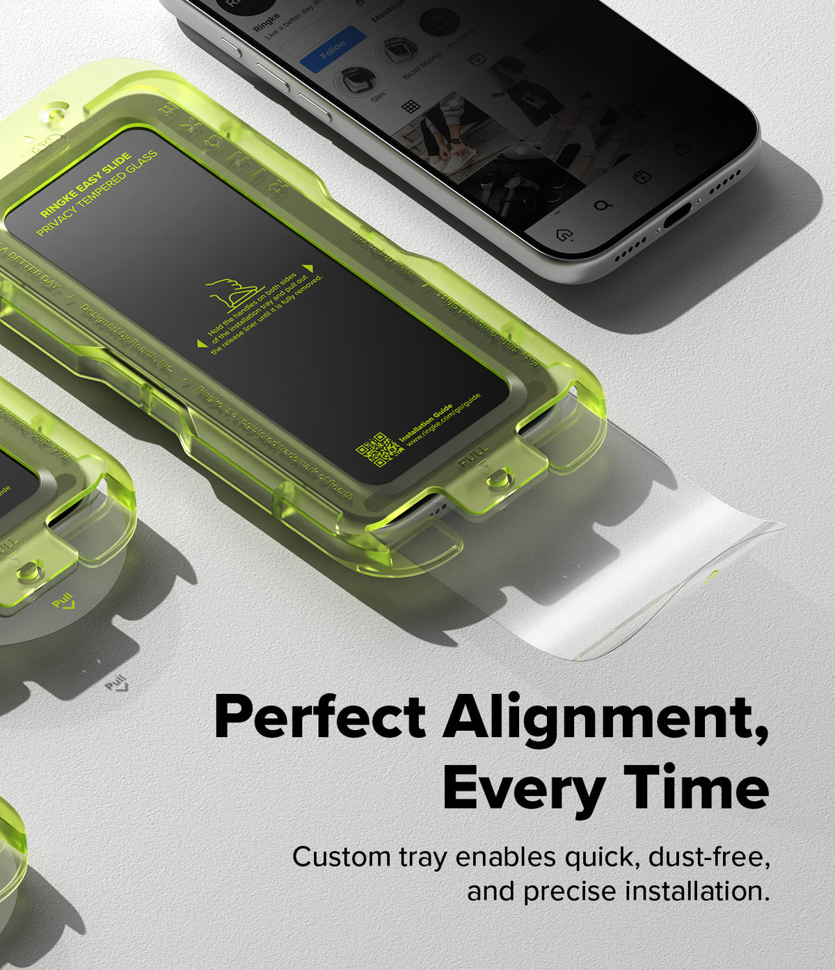 iPhone 18 Pro Screen Protector | Easy Slide Privacy Tempered Glass - A translucent neon yellow-green protective phone case shown around a smartphone, with additional matching cases partially visible. Large text reads 'Perfect Alignment, Every Time' and smaller text says 'Custom tray enables quick, dust-free, and precise installation.
