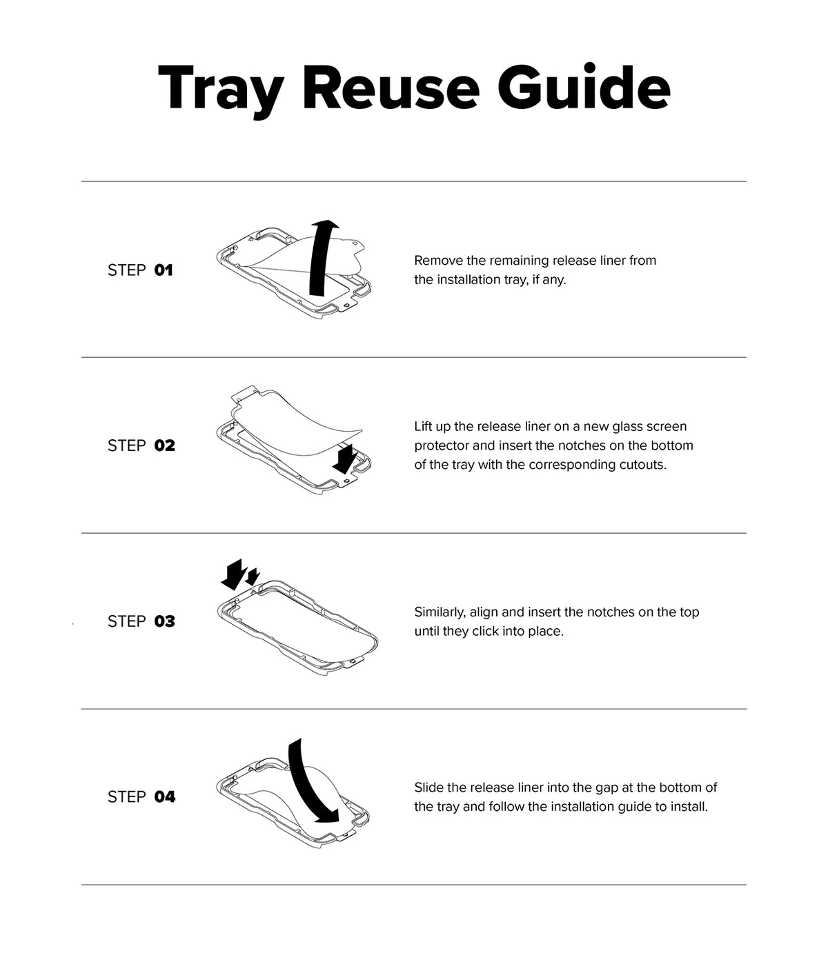 iPhone 18 Pro Screen Protector | Easy Slide Tempered Glass (2 Pack) - A Tray Reuse Guide diagram showing four numbered steps with line drawings of a phone case tray and release liner, with text instructions on how to remove and install the liner.