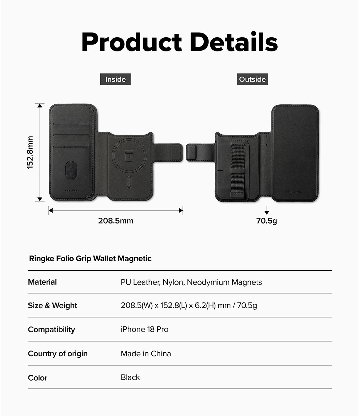 iPhone 18 Pro MagSafe Wallet | Folio Grip Wallet Magnetic - Product details of a black phone case with dimensions and material information on a white background.