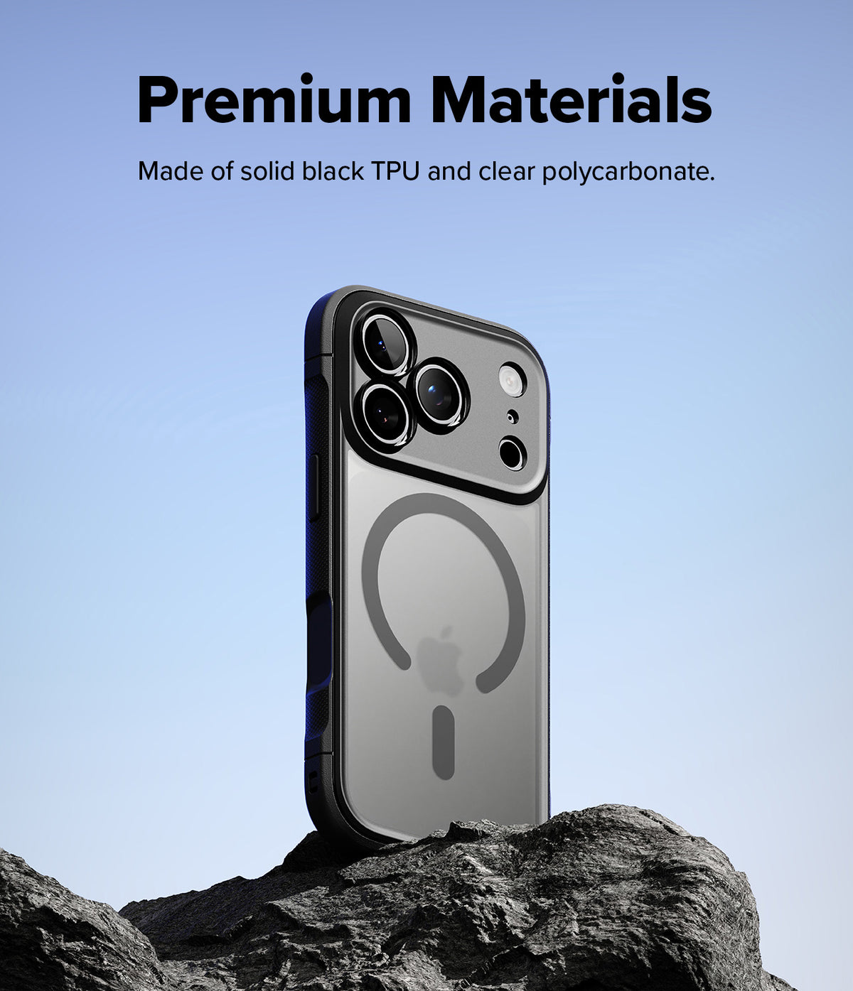 iPhone 18 Pro Case | Fusion Bold Magnetic Matte - A black protective phone case with a clear MagSafe-compatible back panel, shown standing on dark rocks against a light blue sky. Text at the top reads 'Premium Materials' and 'Made of solid black TPU and clear polycarbonate.