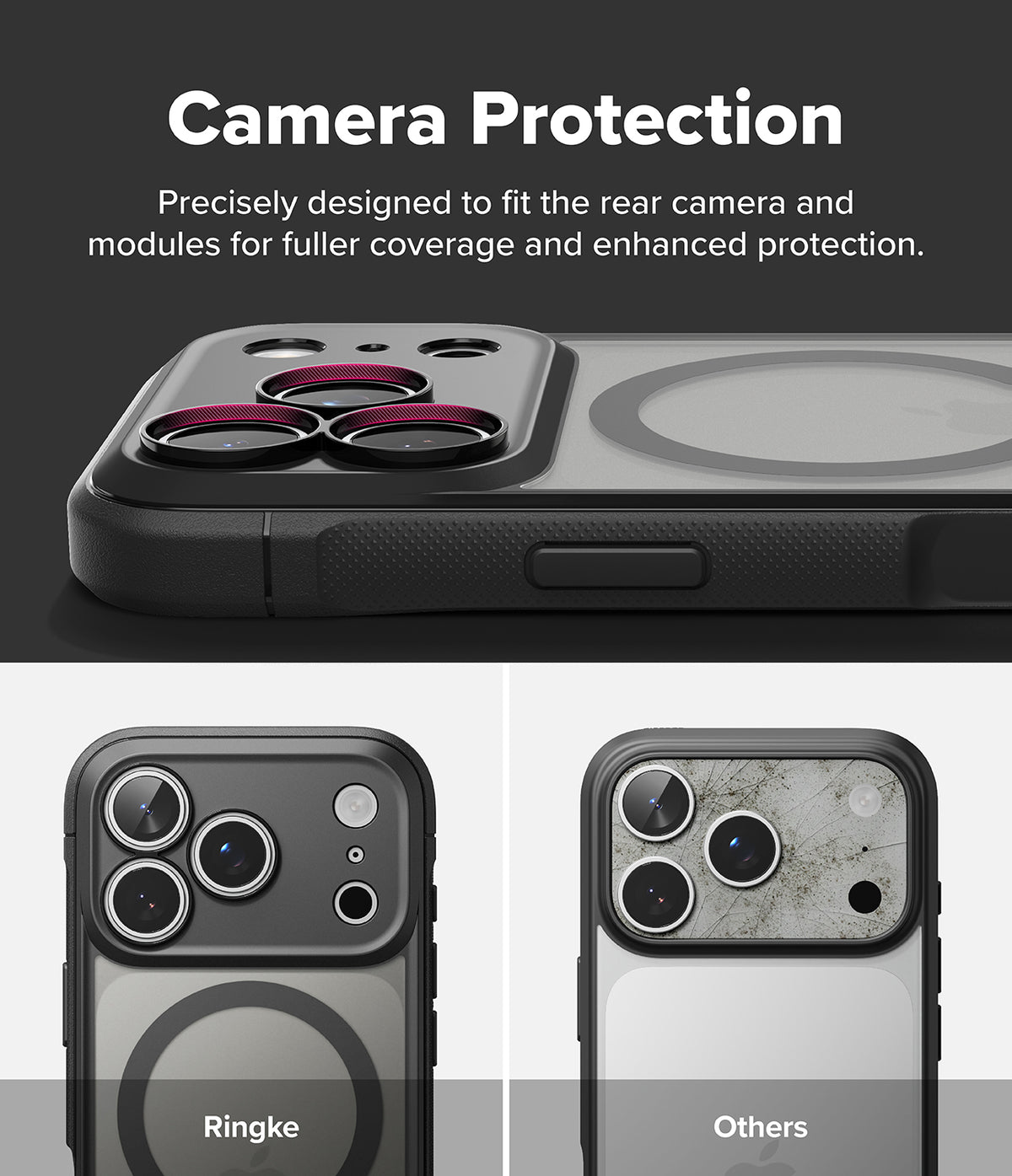 iPhone 18 Pro Case | Fusion Bold Magnetic Matte - A phone case with a raised camera protection module, shown on a dark background with marketing text. The top section reads 'Camera Protection' and shows the case fitted on a phone.