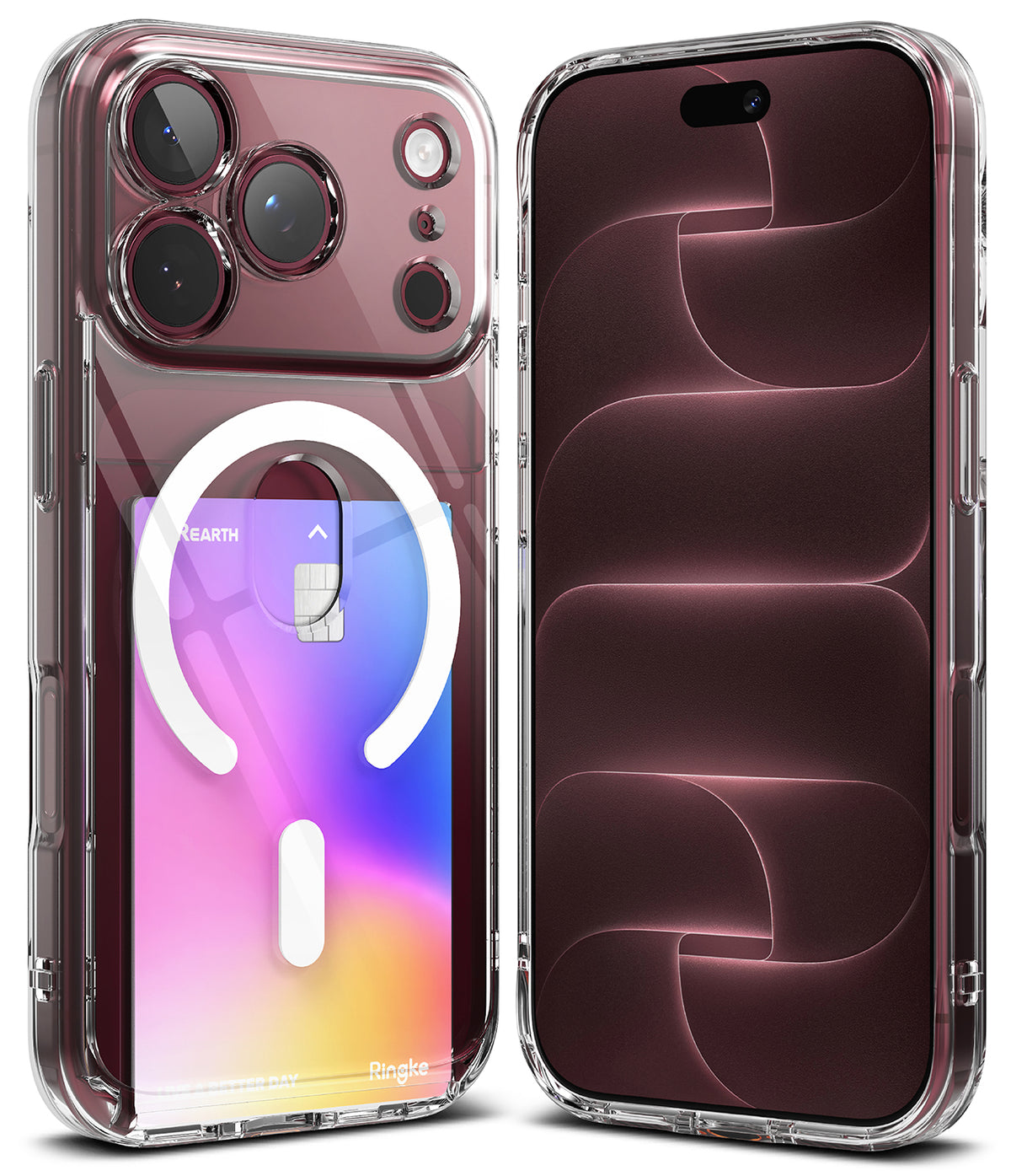 iPhone 18 Pro Case | Fusion Card Magnetic - Two views of a clear magnetic card holder phone case on a white background, showing a dark burgundy phone inside. One view displays a white circular magnetic card holder with a sample card, and the other shows the back of the phone with the case attached.