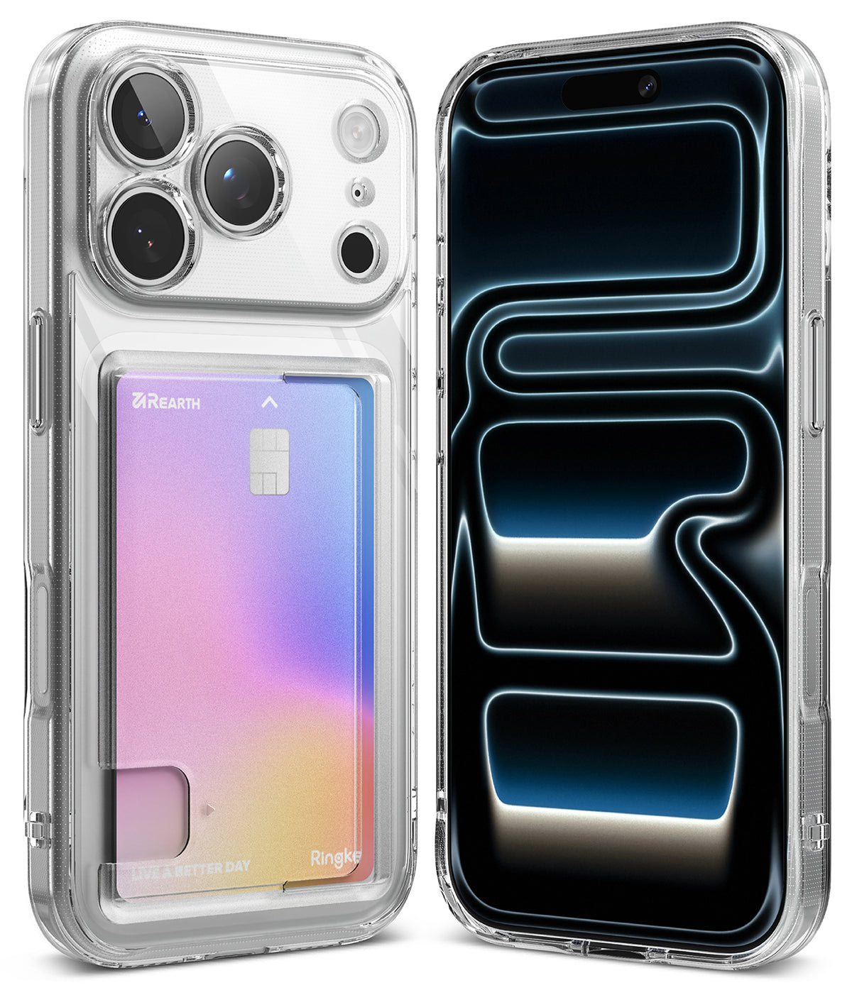 iPhone 18 Pro Case | Fusion Card - Two clear smartphone cases shown side by side on a white background. The left case is open to reveal a built-in card slot holding a pastel gradient card, and the right case is closed with a dark blue and black abstract pattern visible through the transparent back.