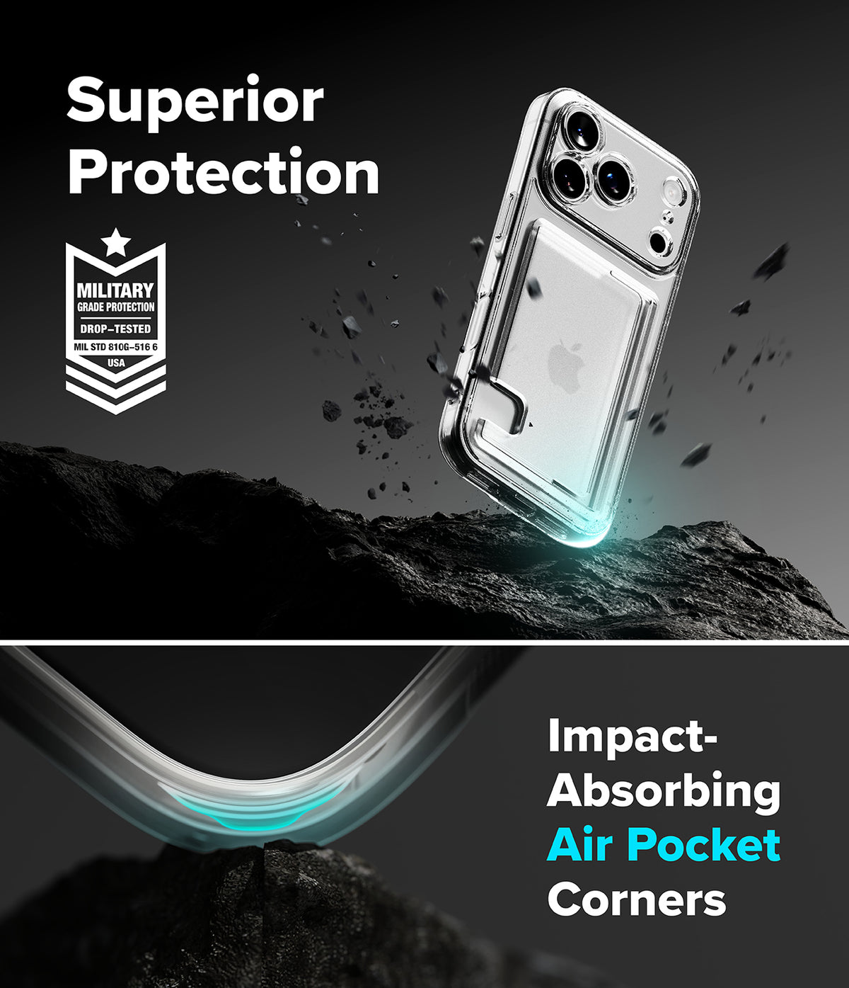 iPhone 18 Pro Case | Fusion Card - Clear protective phone case shown floating above dark rocks with marketing text reading 'Superior Protection' and 'Impact-Absorbing Air Pocket Corners.' The case appears transparent with a light blue glow effect, and a military impact-absorbing badge is visible on the left.