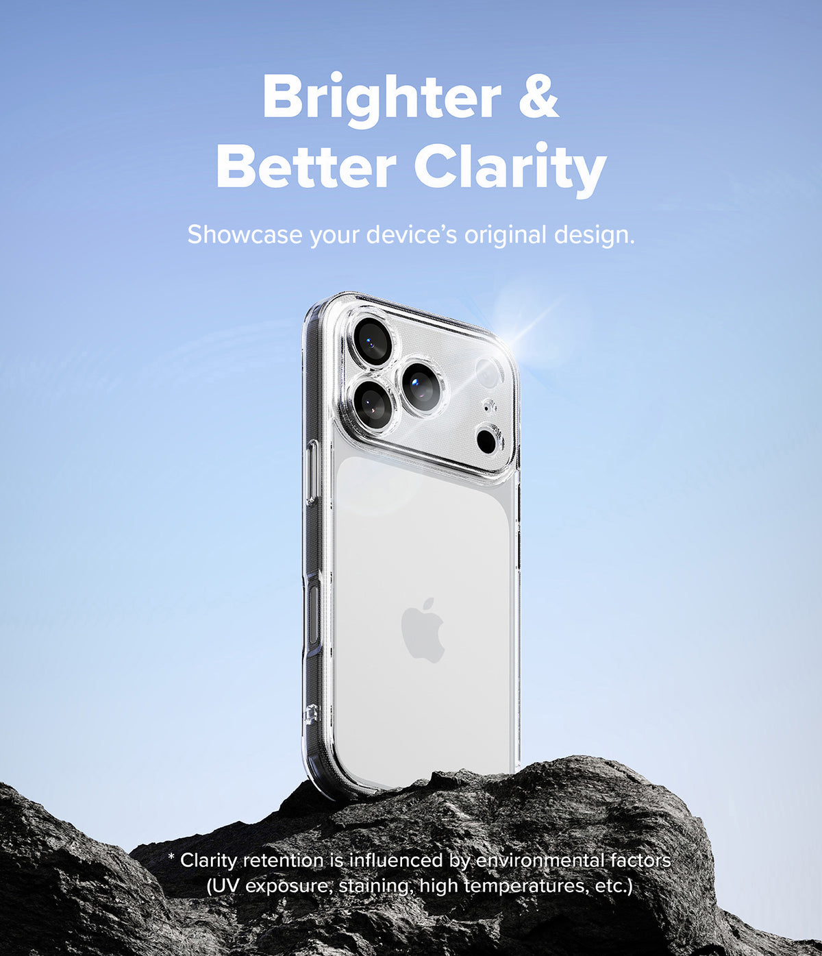 iPhone 18 Pro Case | Fusion - A clear protective phone case shown on the back of a smartphone, standing on dark rocks against a blue sky background. White text at the top reads 'Brighter & Better Clarity' with smaller copy below, and a small disclaimer appears near the bottom.