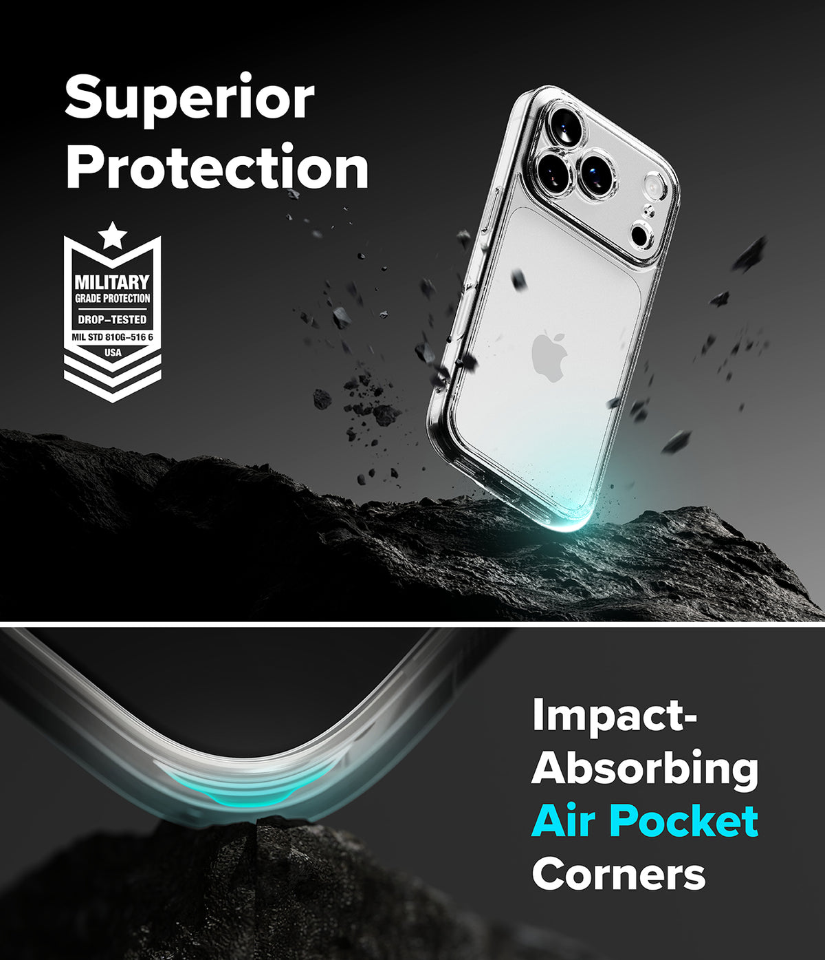iPhone 18 Pro Case | Fusion - A clear protective phone case shown on a smartphone, with marketing text reading 'Superior Protection' and 'Impact-Absorbing Air Pocket Corners.' The design includes a military impact-absorbing badge and a dramatic dark background with floating debris and a curved transparent corner detail.