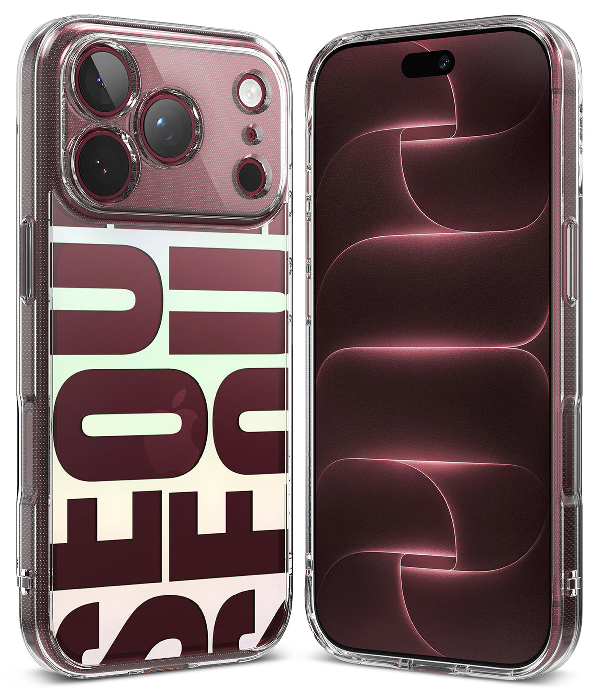 iPhone 18 Pro Case | Fusion Design - A clear protective phone case with a translucent design and large stylized lettering, shown on a silver smartphone. A second view of the same phone appears behind it, displaying a dark blue and black wallpaper.
