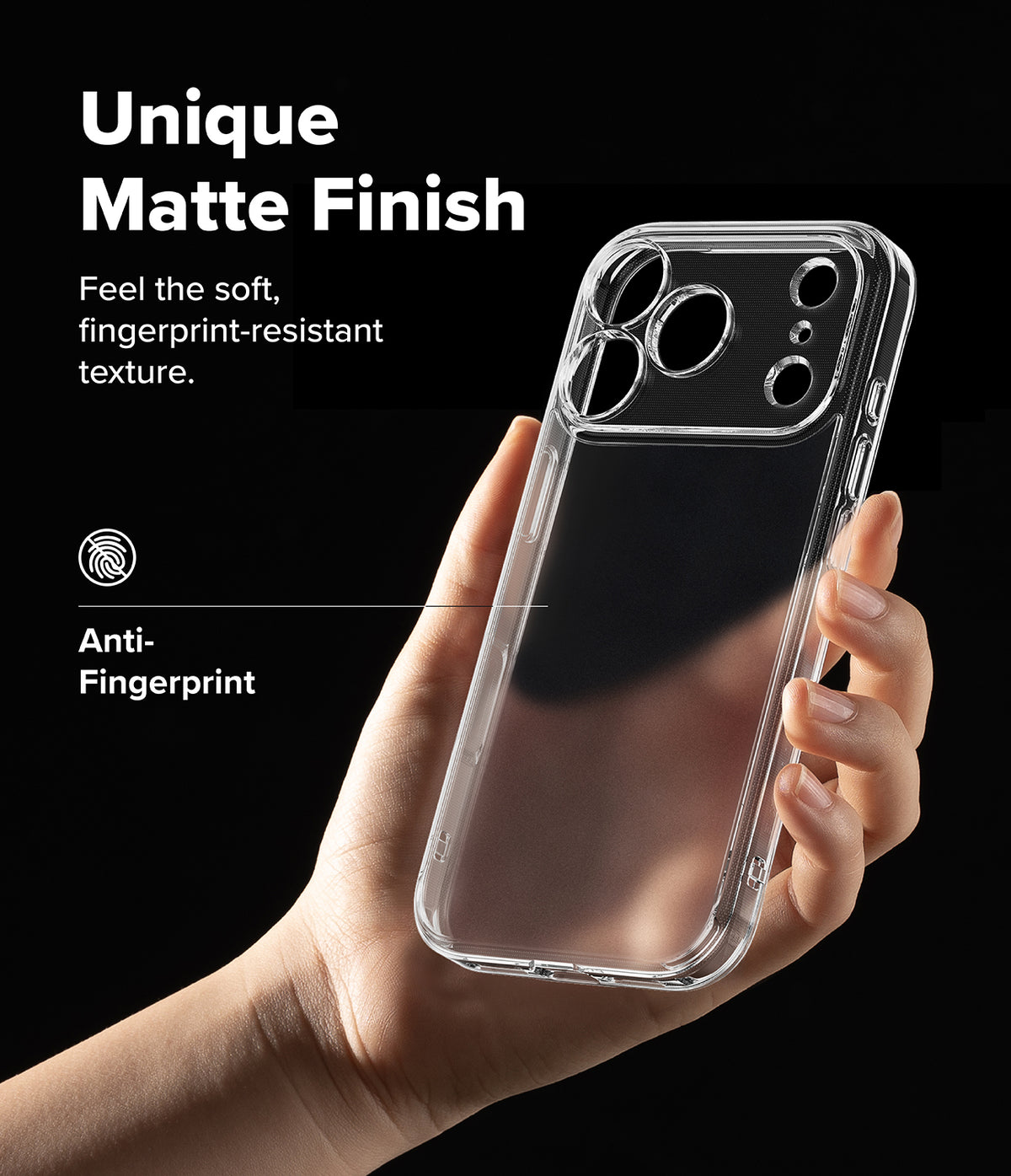 iPhone 18 Pro Case | Fusion Matte - A hand holds a clear smartphone case with a matte finish against a black background. White text on the left reads 'Unique Matte Finish' and 'Anti-Fingerprint'.