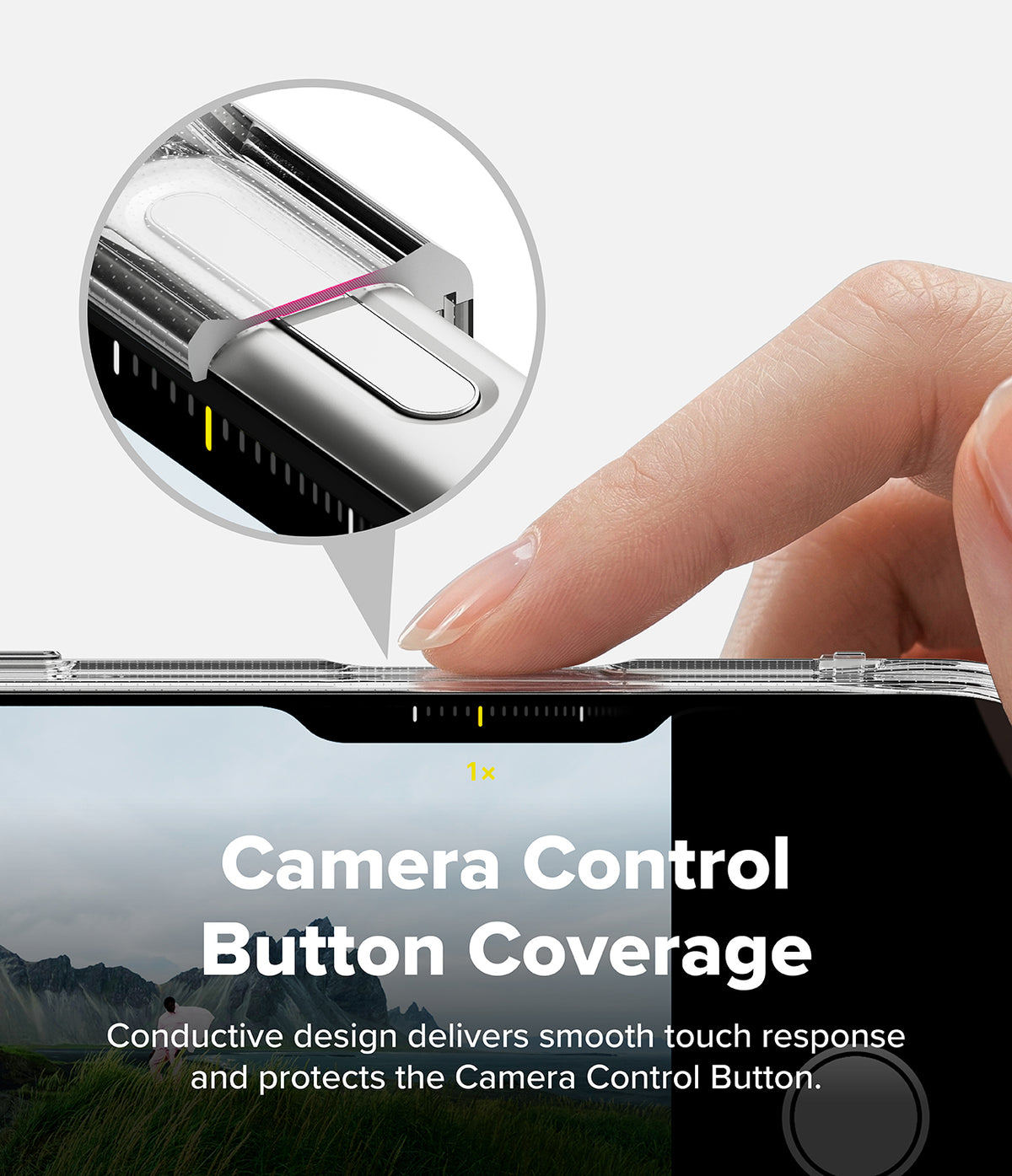 iPhone 18 Pro Case | Fusion Matte - A close-up of a hand pressing the camera control button of a smartphone, with a circular inset showing a transparent protective cover over the button. Text on the image reads 'Camera Control Button Coverage' and describes a conductive design that delivers a smooth touch response and protects the camera button.