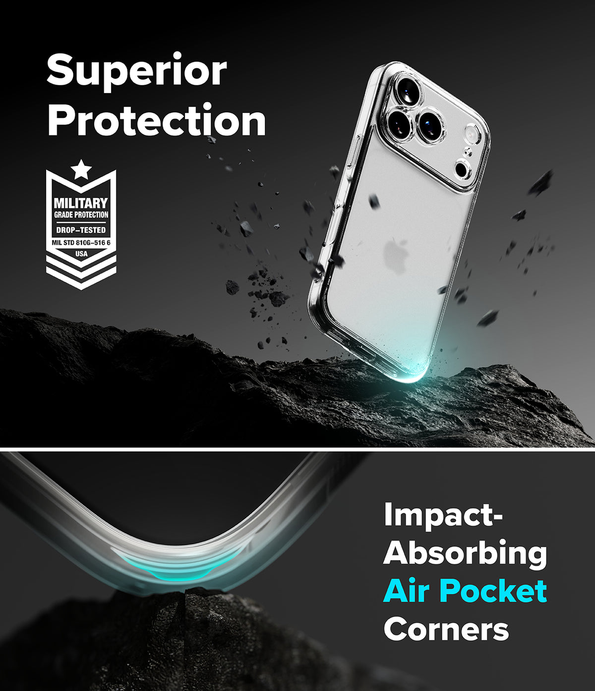 iPhone 18 Pro Case | Fusion Matte - Phone case with military-grade protection rating and impact-absorbing air pocket corners on a dark background.