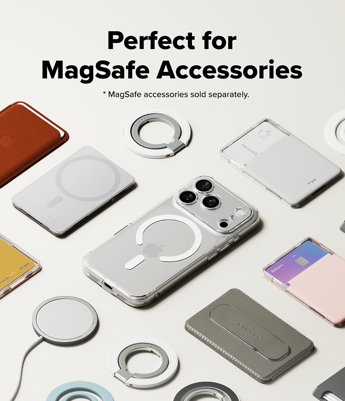 iPhone 18 Pro Case | Fusion Magnetic - A promotional flat lay showing a smartphone case with a MagSafe ring and other MagSafe accessories arranged on a light background, with text reading 'Perfect for MagSafe Accessories' and '* MagSafe accessories sold separately.'.