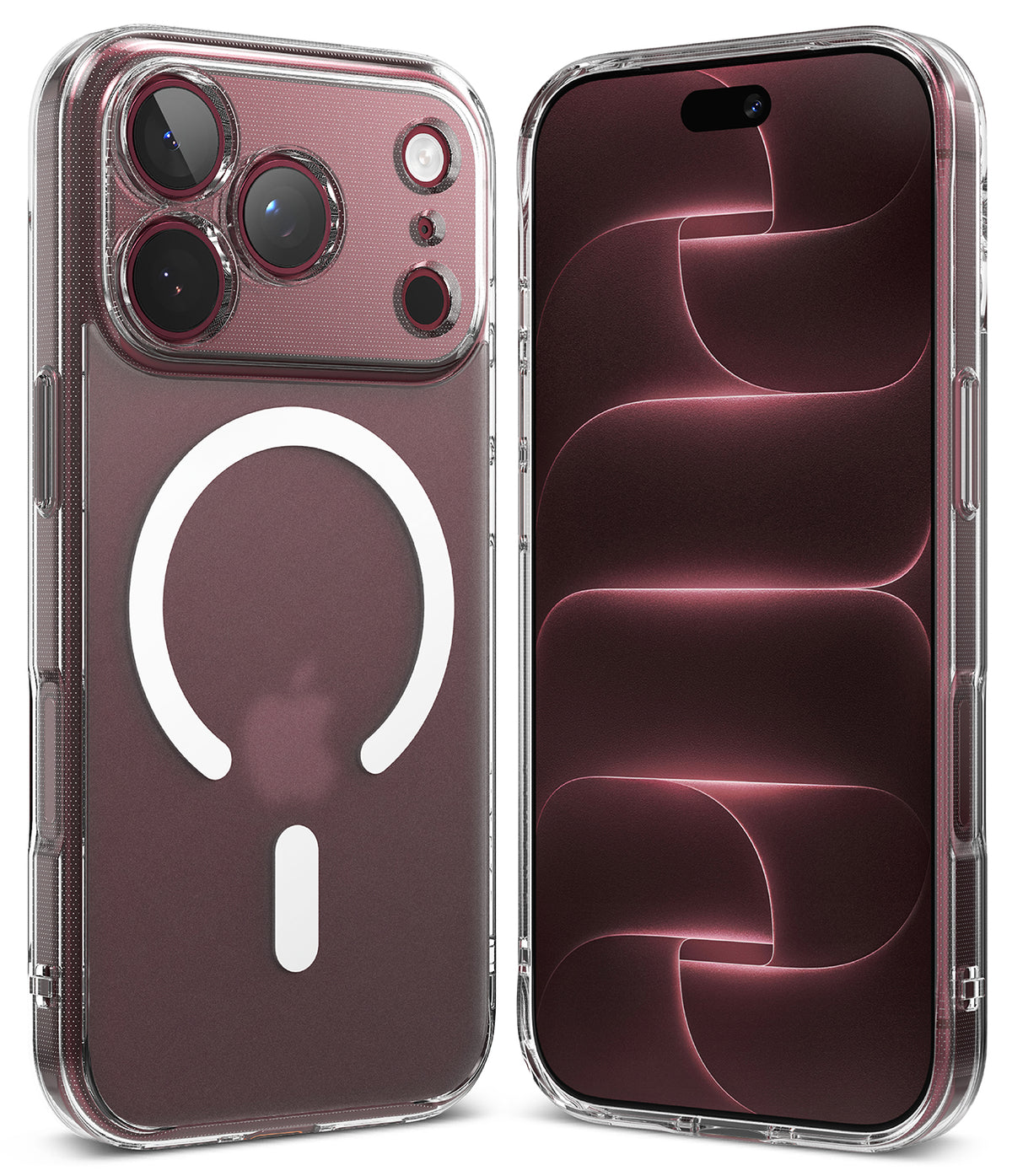 iPhone 18 Pro Case | Fusion Magnetic Matte - A clear protective phone case with a built-in white MagSafe ring, shown on a silver smartphone. The image displays three angles of the case: the back view with the MagSafe ring, the side profile, and a front view showing the transparent bumper edge.
