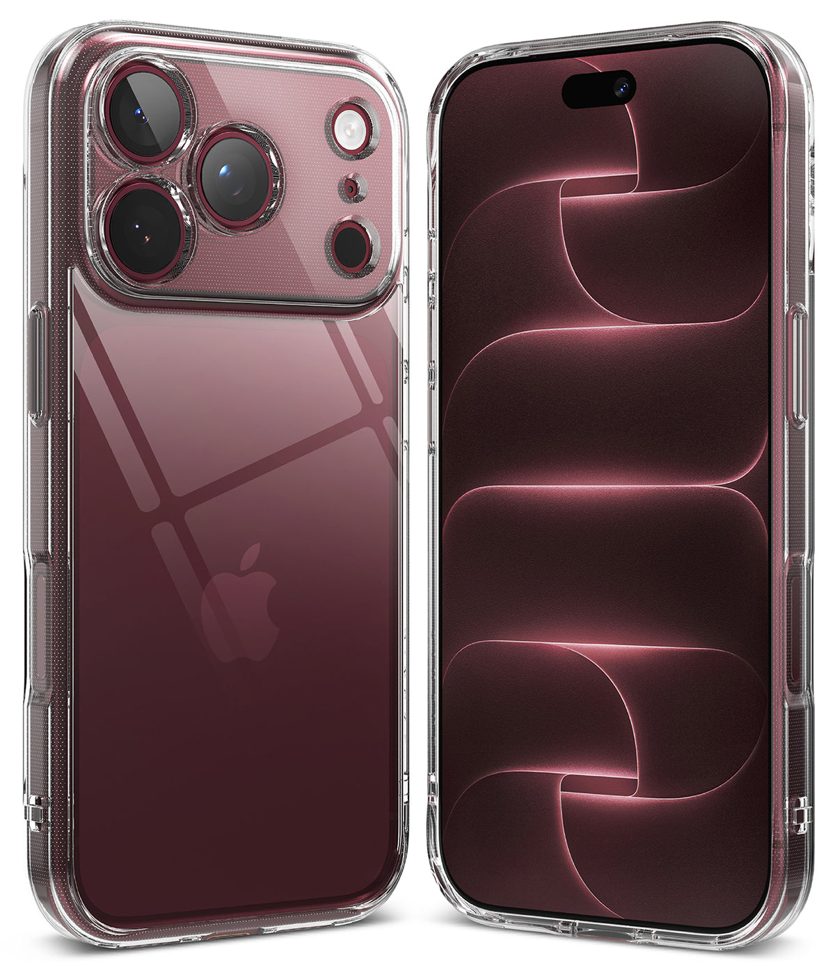 iPhone 18 Pro Case | Fusion - A clear, transparent protective phone case shown on two silver iPhones, displaying both the back view with a raised camera bumper and the side profile of the case.