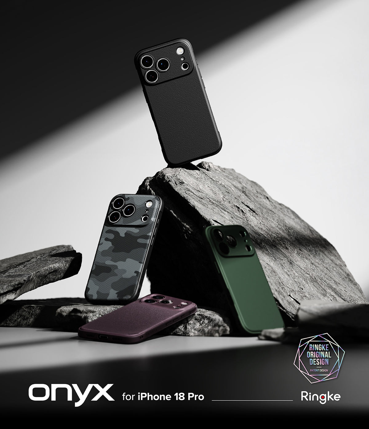 iPhone 18 Pro Case | Onyx - Three phone cases displayed on dark rocks: a black case standing upright, a dark gray camouflage case leaning, and a matte green case lying flat. The image includes the text 'onyx for iPhone 18 Pro' and a 'Ringke Original Design' logo.