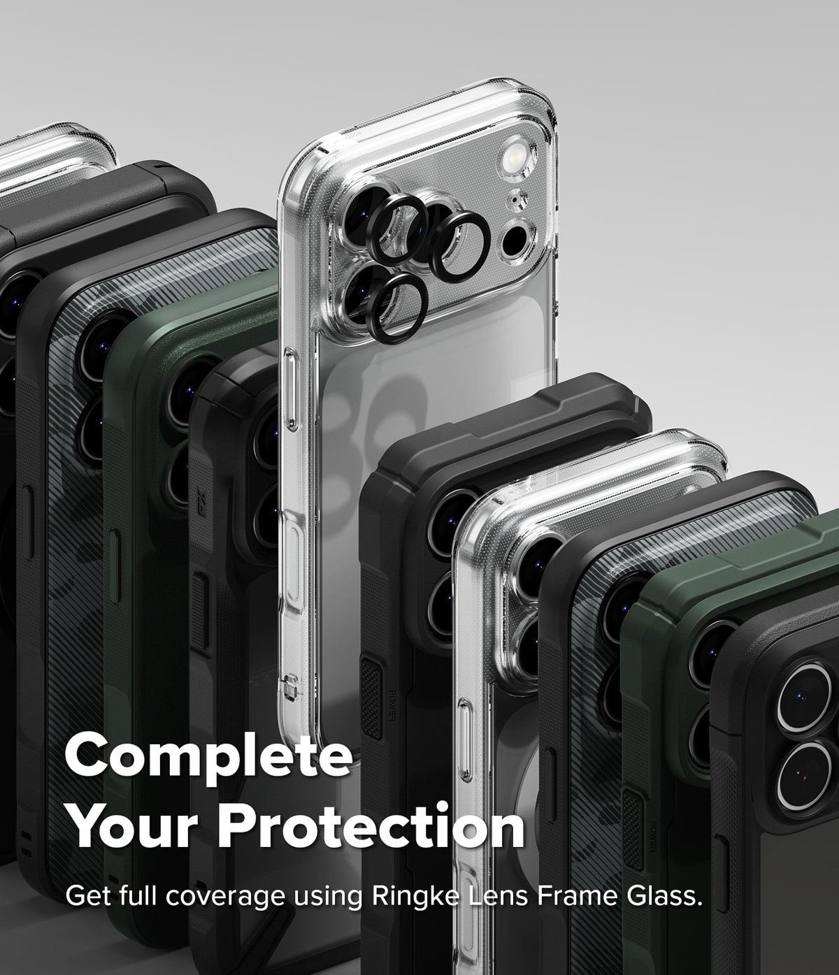 iPhone 18 Pro Case | Onyx - A promotional product image showing multiple smartphone cases arranged in a fan-like stack, including transparent, black, gray, and dark green options. The center case is clear with a black camera ring accessory visible.