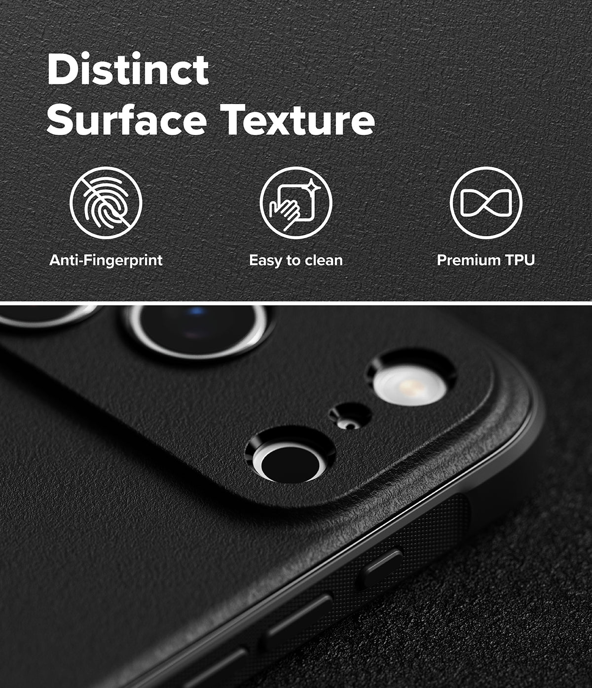 iPhone 18 Pro Case | Onyx - Black textured phone case with camera cutouts, shown on a dark background with marketing text reading 'Distinct Surface Texture' and icons for anti-fingerprint, easy to clean, and premium TPU.