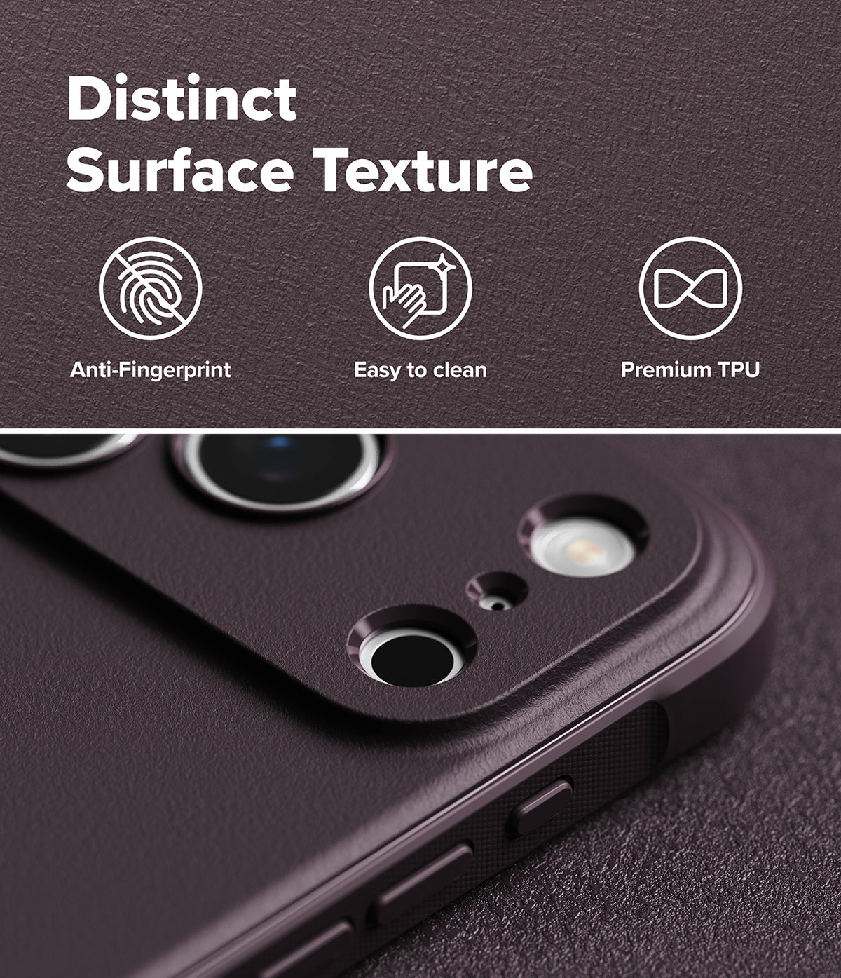 iPhone 18 Pro | Onyx - Close-up of a dark textured phone case with camera cutouts, shown with marketing text reading 'Distinct Surface Texture' and feature icons for anti-fingerprint, easy to clean, and premium TPU.