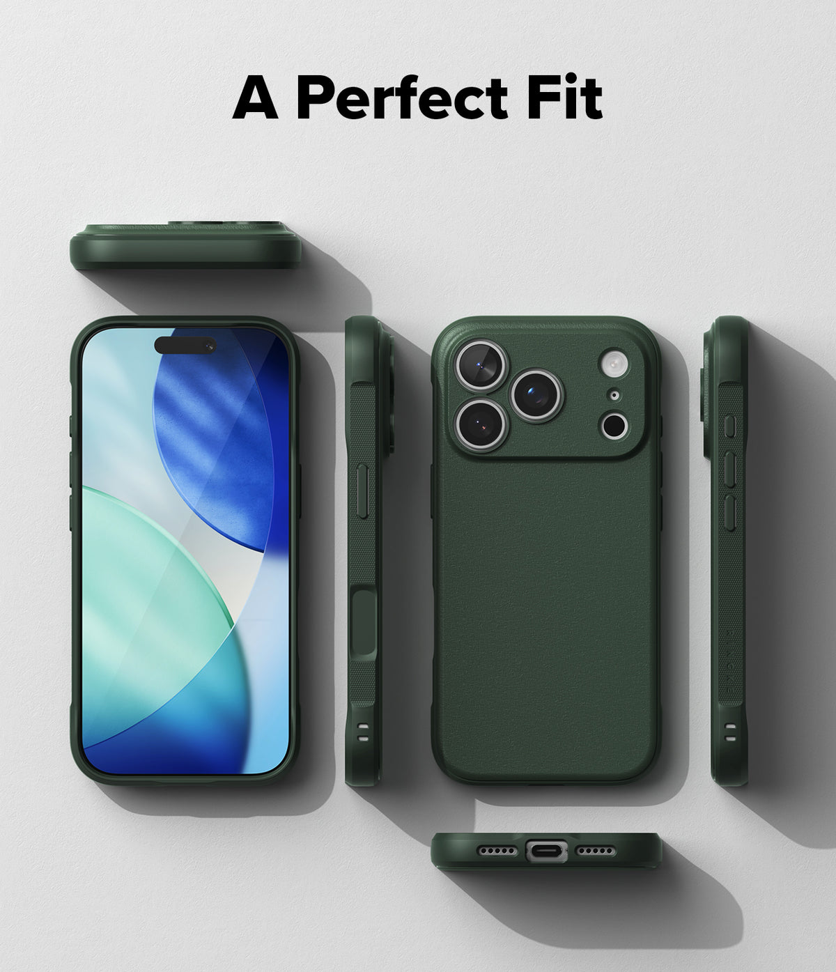 iPhone 18 Pro Case | Onyx - A dark green protective phone case shown from multiple angles on a light gray background, with the text 'A Perfect Fit' at the top. The views include the back of the phone in the case, the side profile, the front of the phone inside the case, and a bottom view showing the charging port opening.