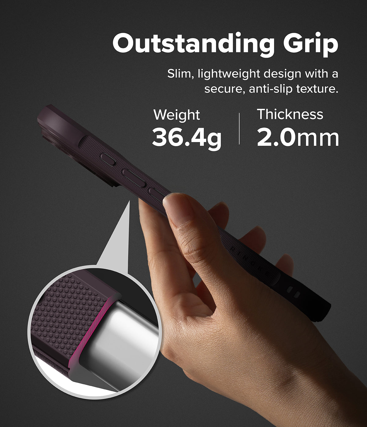 iPhone 18 Pro | Onyx Magnetic - A hand holds a slim dark purple phone case against a dark gray background, with marketing text reading 'Outstanding Grip' and a circular inset showing the textured grip detail. The case is described as lightweight with a secure anti-slip texture, and weight and thickness are listed as 38.