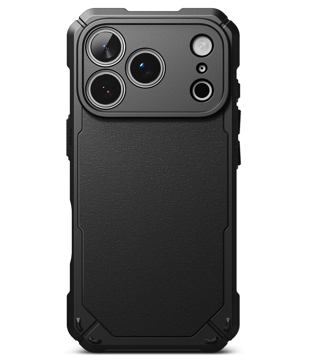 iPhone 18 Pro Max Case | Rugged Gear - A black rugged protective phone case with a textured back panel and reinforced camera cutout, shown on a clean white background.
